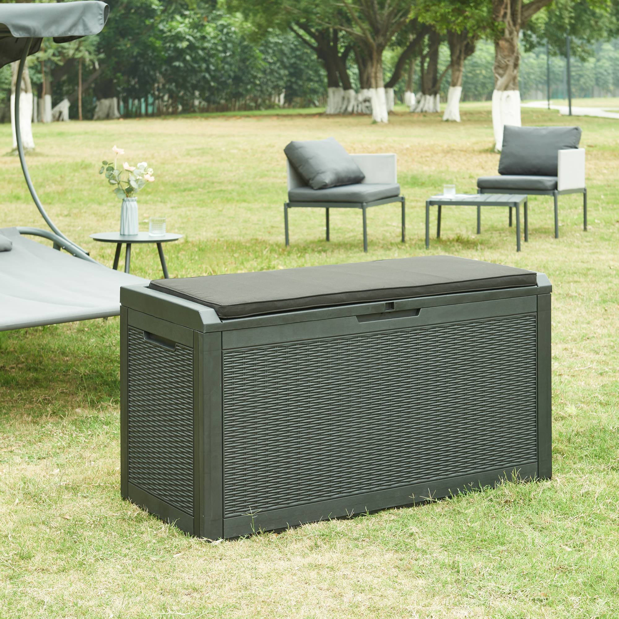 Casa.Pro - Coffre de jardin Atella 122 x 55 x 65 cm noir effet rotin casa.pro - Imagen 2