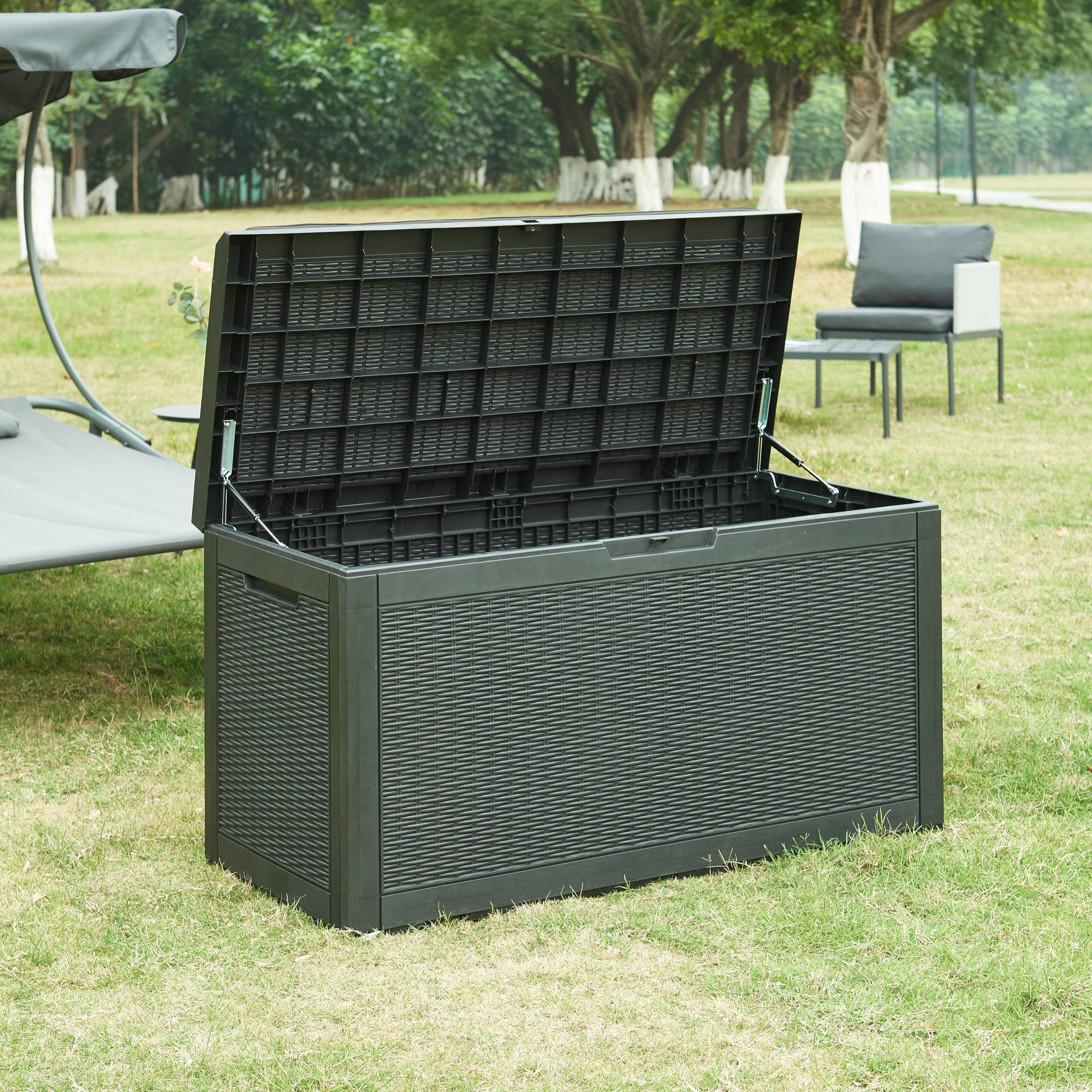 Casa.Pro - Coffre de jardin Atella 122 x 55 x 65 cm noir effet rotin casa.pro - Imagen 3