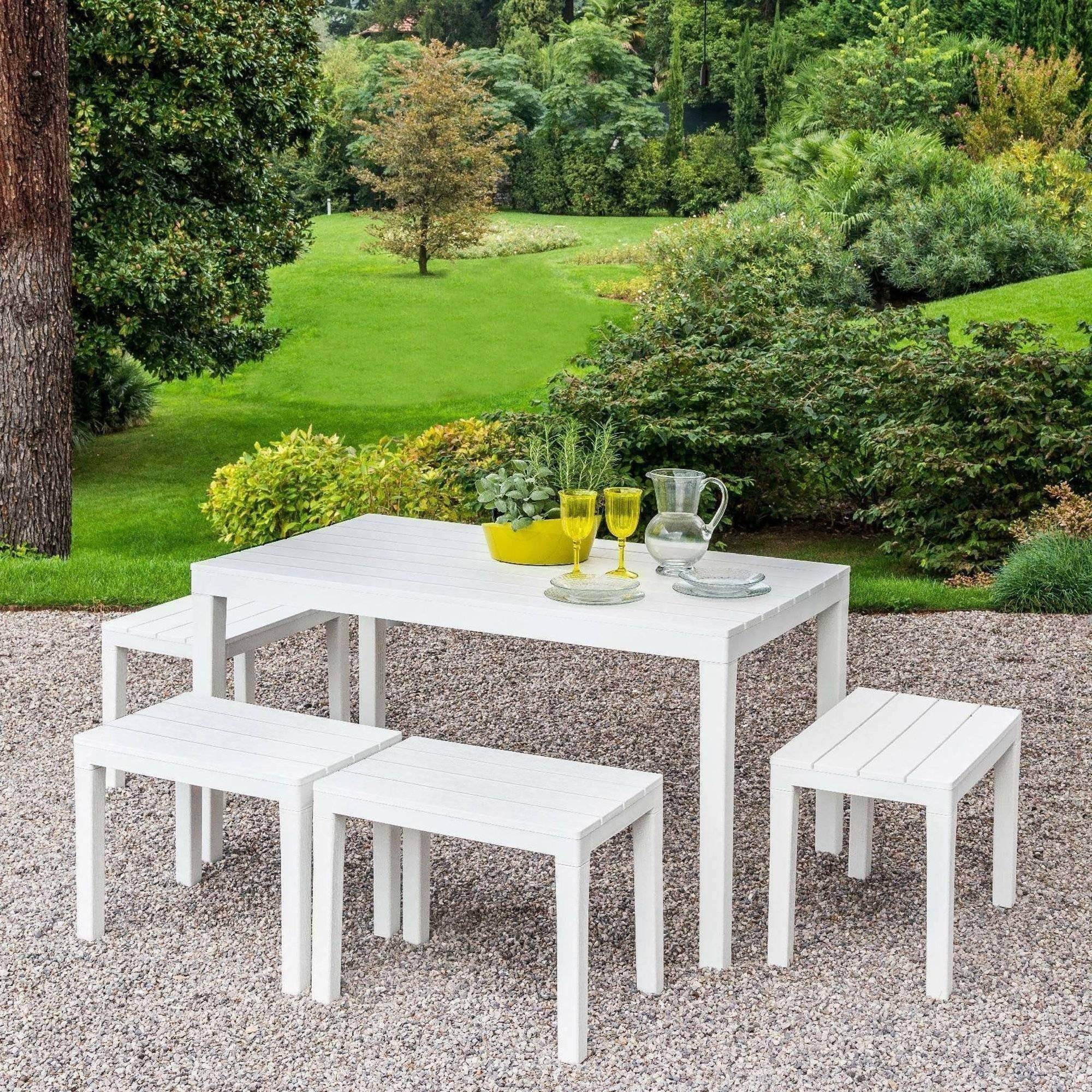 Dmora - Salon d'extérieur Sanremo, Composition de jardin avec 1 table rectangulaire et 4 bancs, Salon intérieur et extérieur de Pic Nic, Blanc - Dmora - Imagen 2