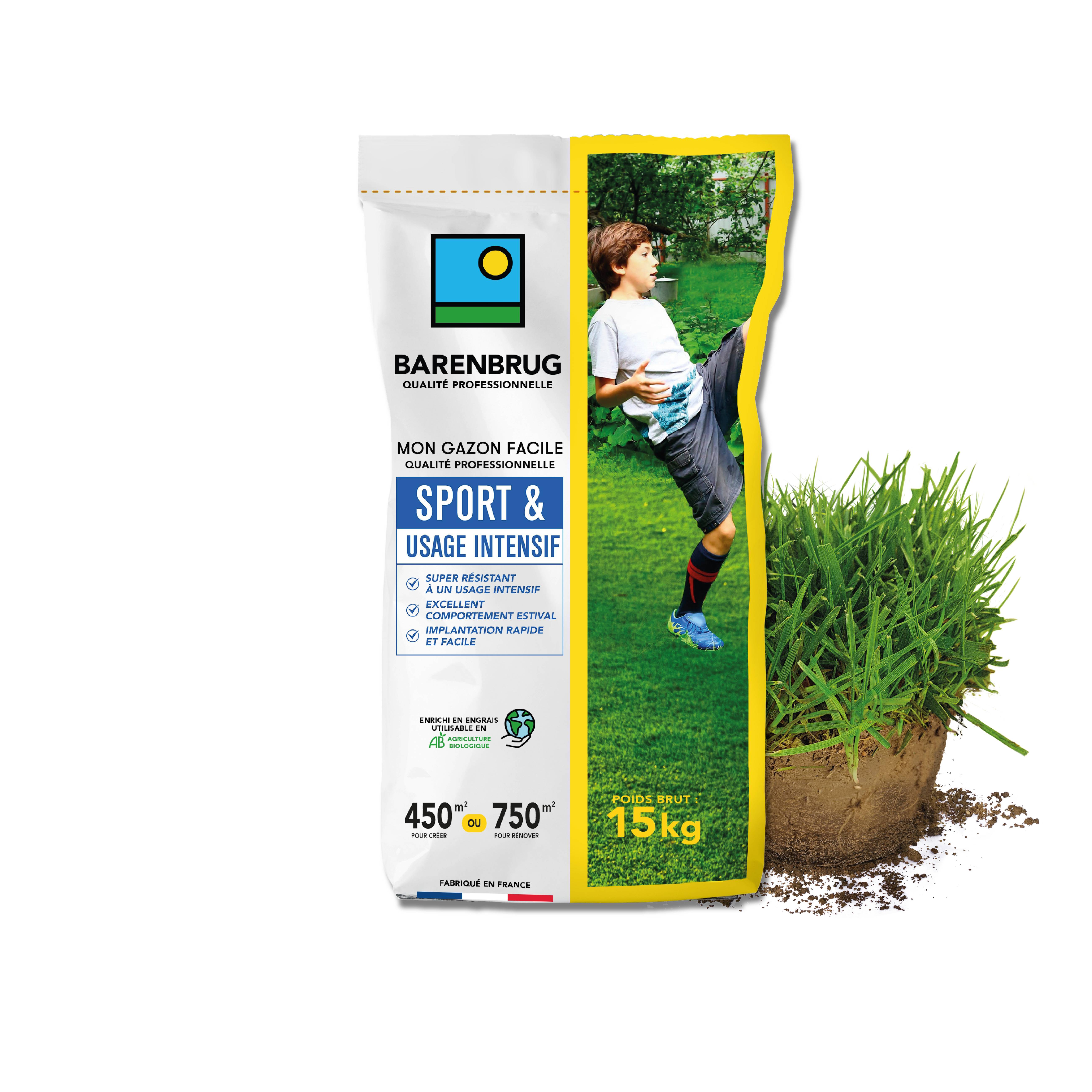 Gazon Sport & Usage intensif - Super Résistant - Excellent Comportement Estival - Implantation Rapide et Facile - 15KG - BARENBRUG - Image 1