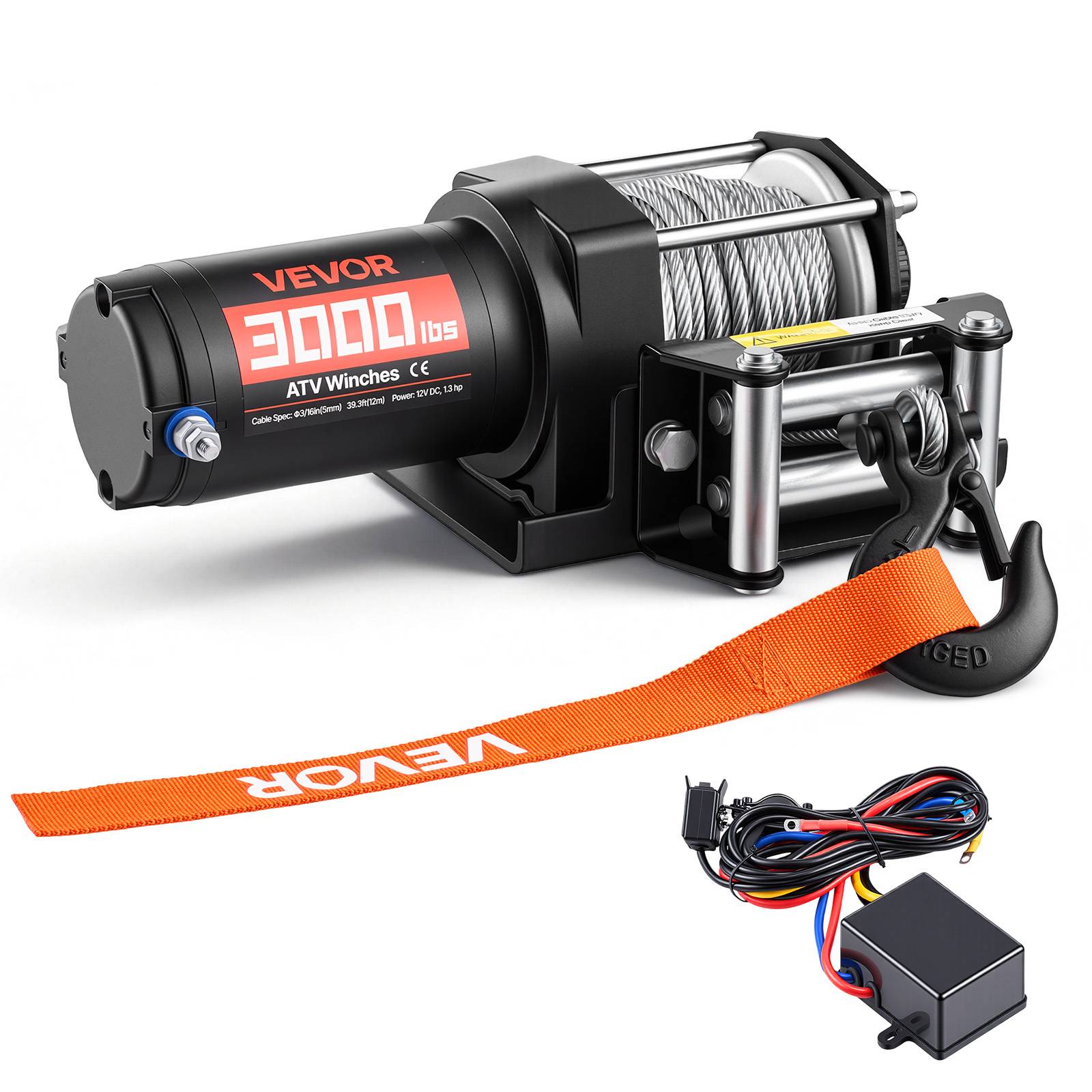 Vevor - VEVOR Treuil électrique 12 V 1360 kg pour quad, câble acier 5 mm x 12 m, télécommande filaire 3 m, boîtier aluminium IP55. - Image 1