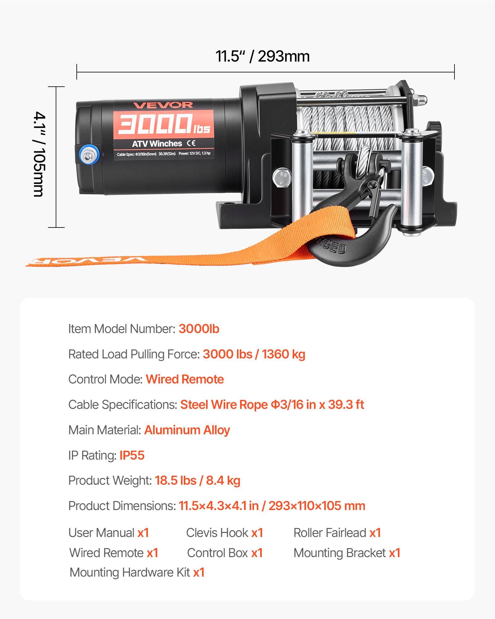 Vevor - VEVOR Treuil électrique 12 V 1360 kg pour quad, câble acier 5 mm x 12 m, télécommande filaire 3 m, boîtier aluminium IP55. - Image 6