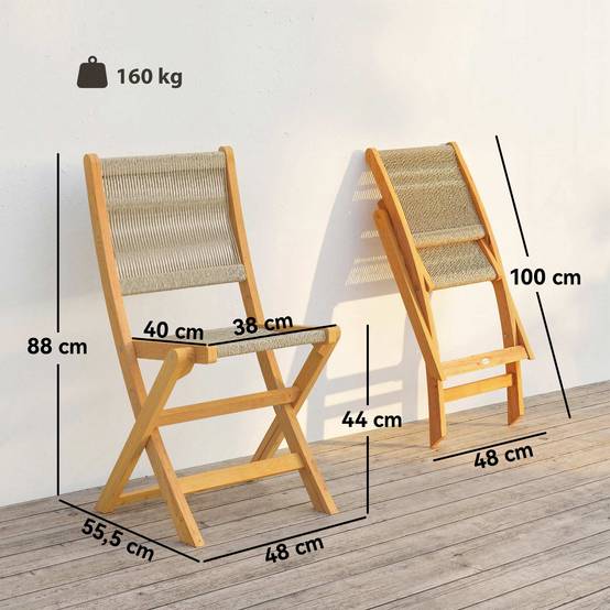 Sans Marque - Lot de 2 Chaises de Jardin Pliantes Chaises de Balcon en Bois d'Acacia Assise en Corde Tressée Naturel et Beige - Image 5