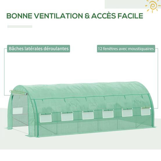 Serre de jardin serre tunnel 18 m² avec porte, parois latérales enroulables 12 fenêtres acier PE 4 x 3 x 2 m vert - Image 10