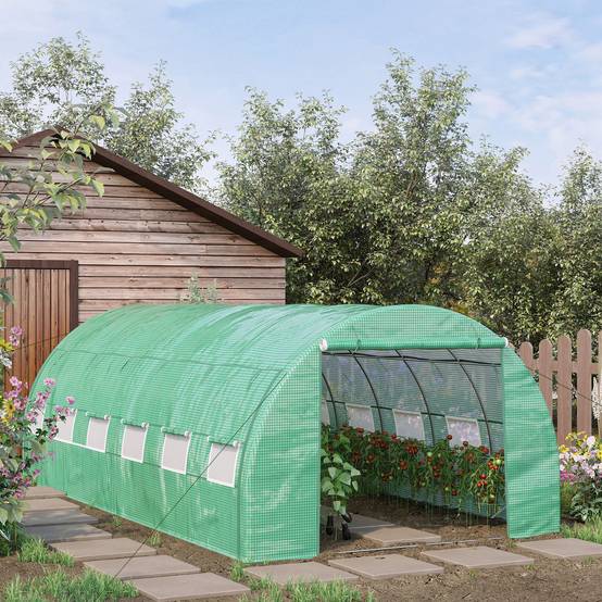 Serre de jardin serre tunnel 18 m² avec porte, parois latérales enroulables 12 fenêtres acier PE 4 x 3 x 2 m vert - Image 3