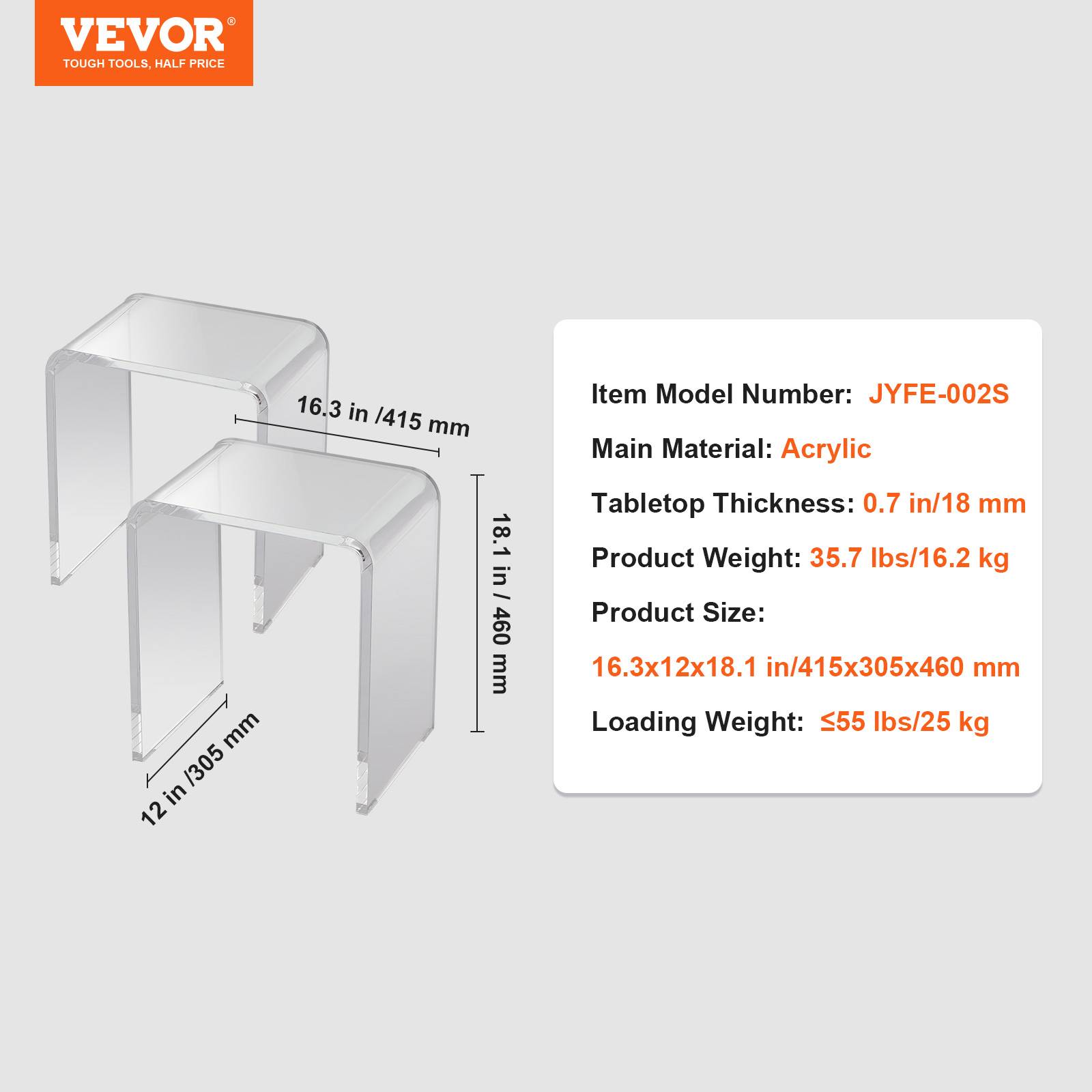 VEVOR Table appoint 2 pièces forme C, acrylique, charge 25 kg, transparent. 415x305x460 mm. - Image 7
