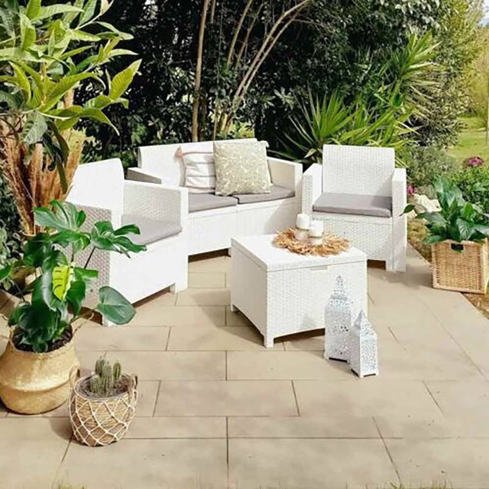 Dmora - Ensemble de salon d'extérieur Dmotto, Salon de jardin avec coussins, Salon d'intérieur effet rotin, 100% Made in Italy, Blanc - Dmora - Imagen 4