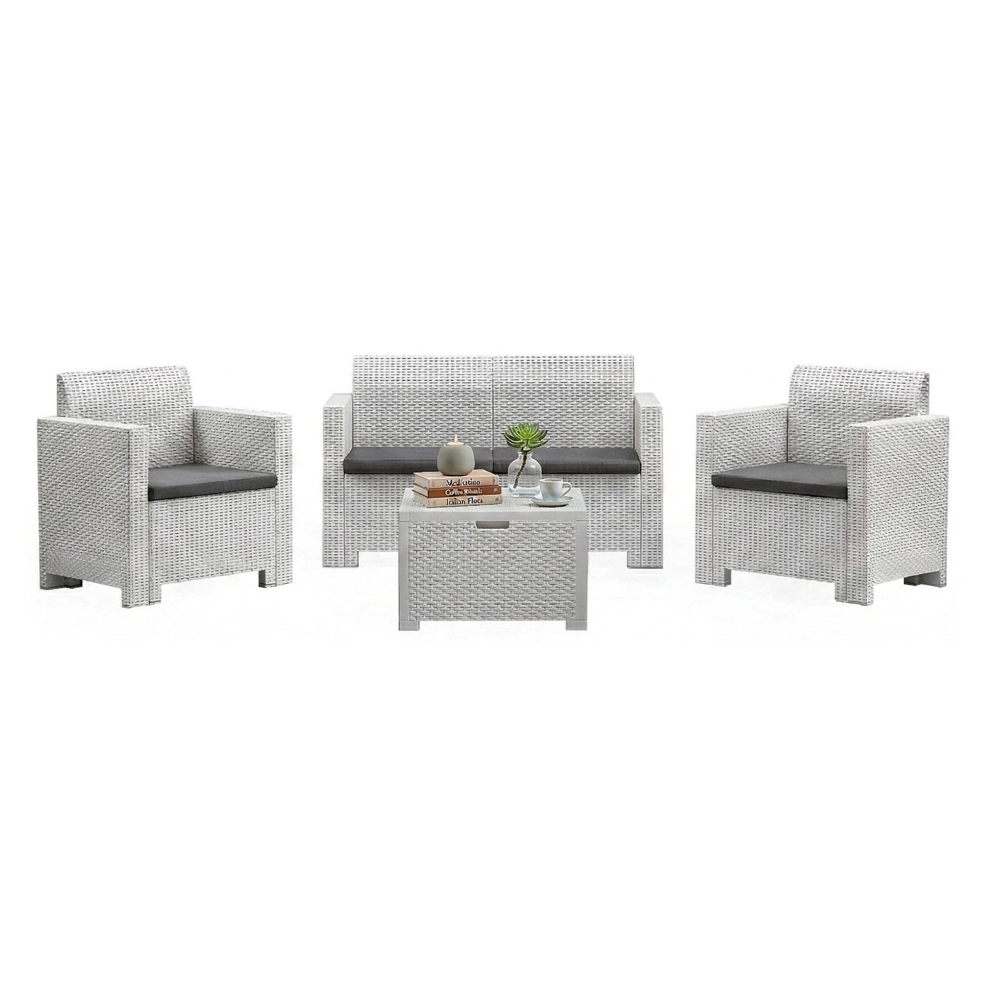 Dmora - Ensemble de salon d'extérieur Dmotto, Salon de jardin avec coussins, Salon d'intérieur effet rotin, 100% Made in Italy, Blanc - Dmora - Imagen 1