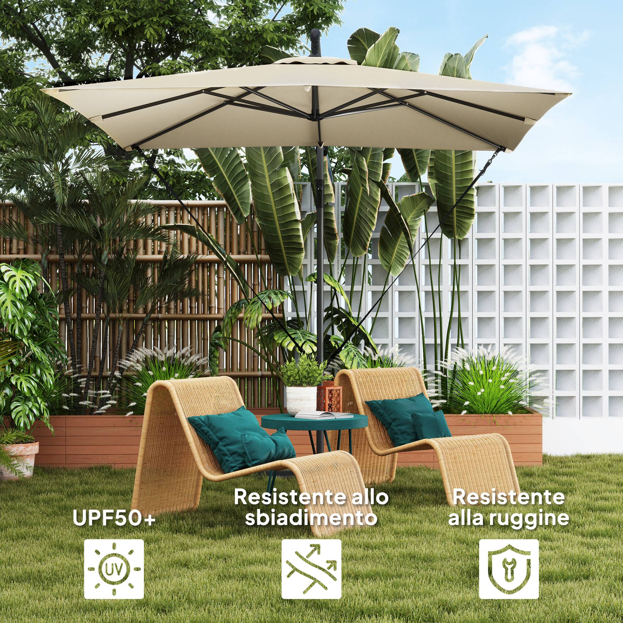 ComfortXL - Parasol déporté métal polyester pour jardin cordes anti-vent housse manivelle 2.5x2.5m kaki - ComfortXL Outdoor Living - Image 7
