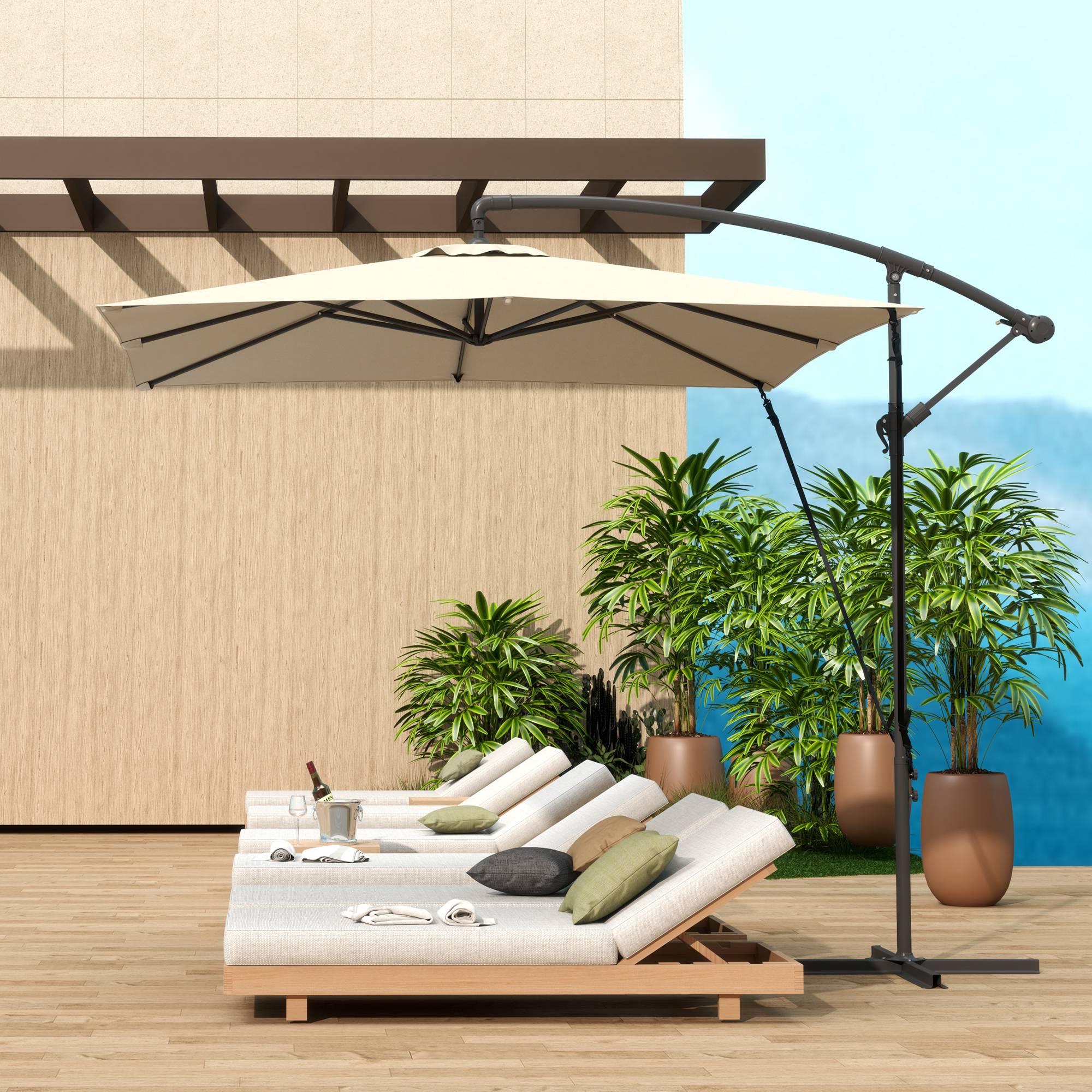 ComfortXL - Parasol déporté métal polyester pour jardin cordes anti-vent housse manivelle 2.5x2.5m kaki - ComfortXL Outdoor Living - Image 3