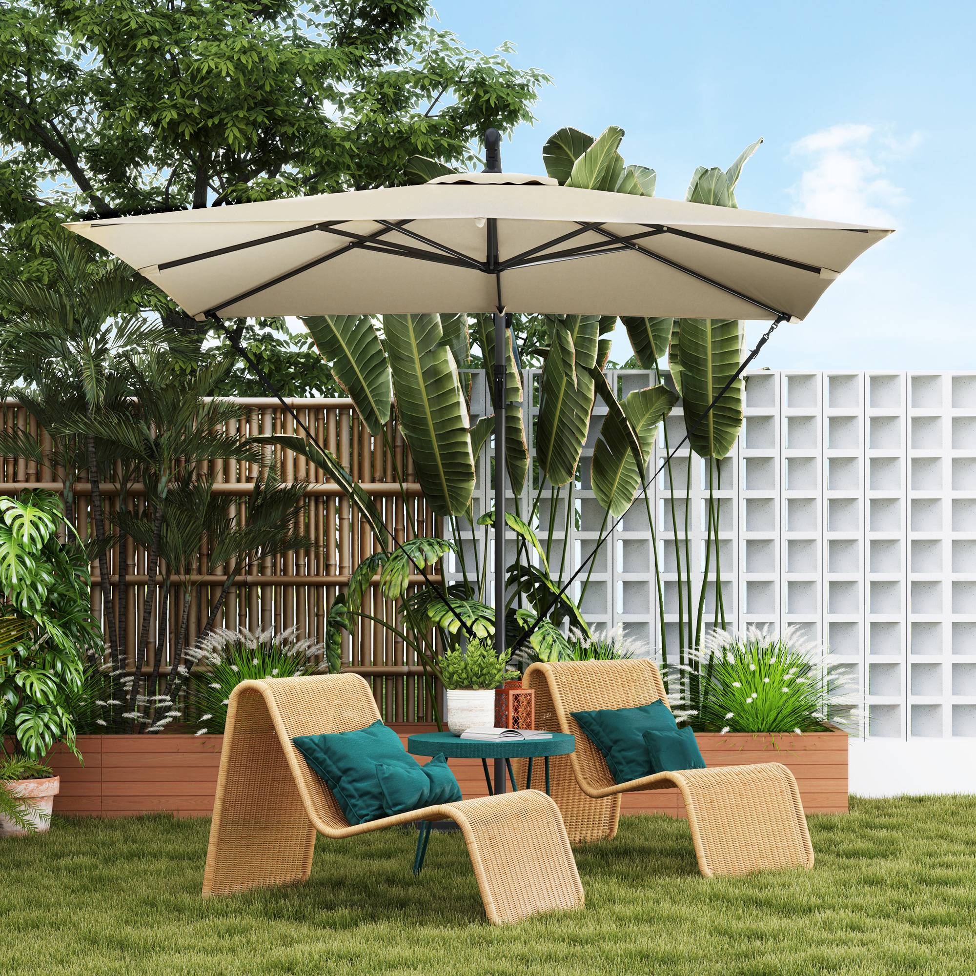 ComfortXL - Parasol déporté métal polyester pour jardin cordes anti-vent housse manivelle 2.5x2.5m kaki - ComfortXL Outdoor Living - Image 4