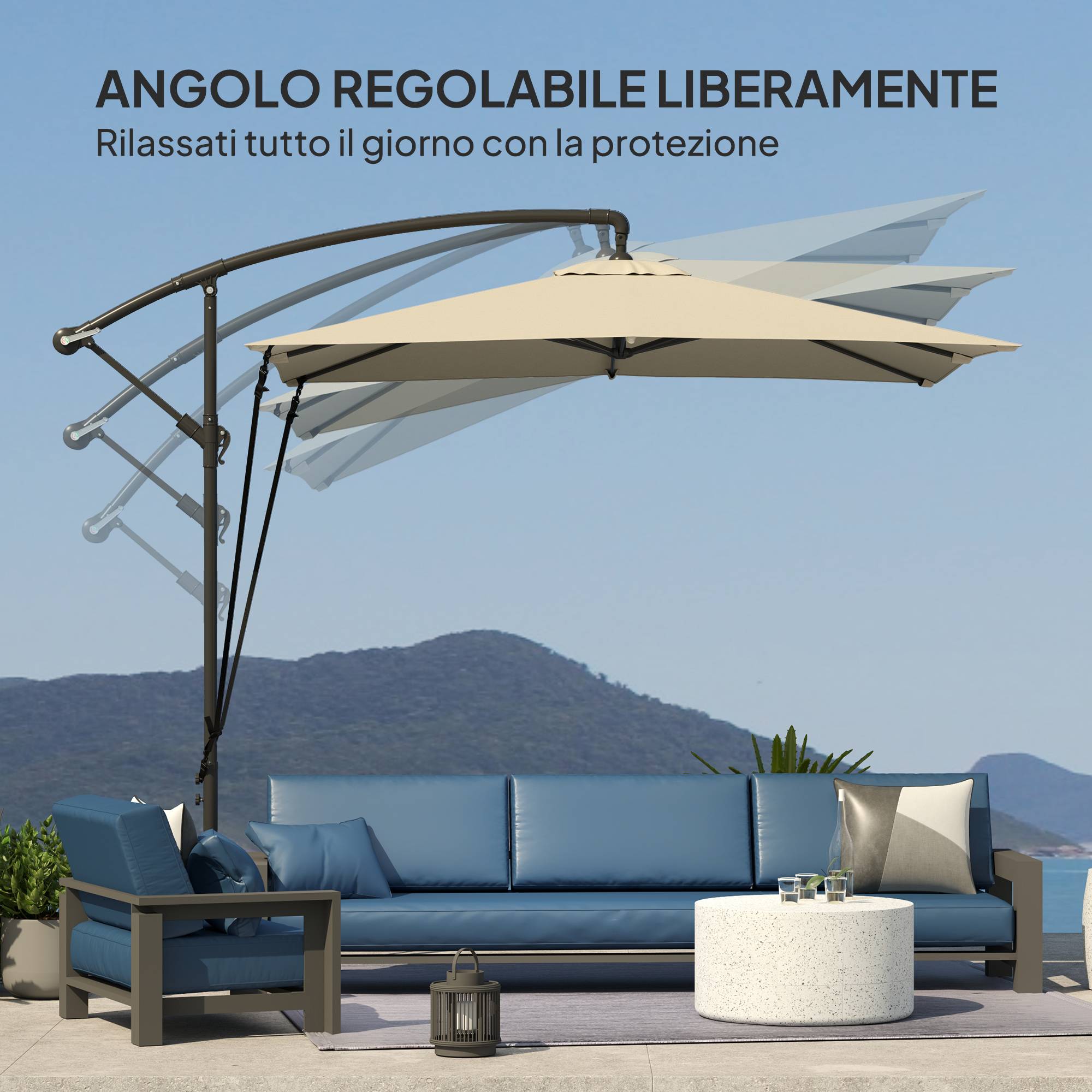 ComfortXL - Parasol déporté métal polyester pour jardin cordes anti-vent housse manivelle 2.5x2.5m kaki - ComfortXL Outdoor Living - Image 8