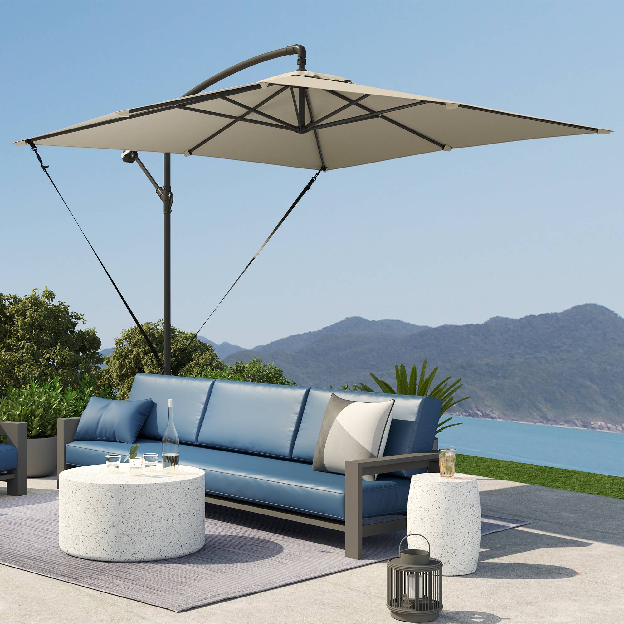 ComfortXL - Parasol déporté métal polyester pour jardin cordes anti-vent housse manivelle 2.5x2.5m kaki - ComfortXL Outdoor Living - Image 10