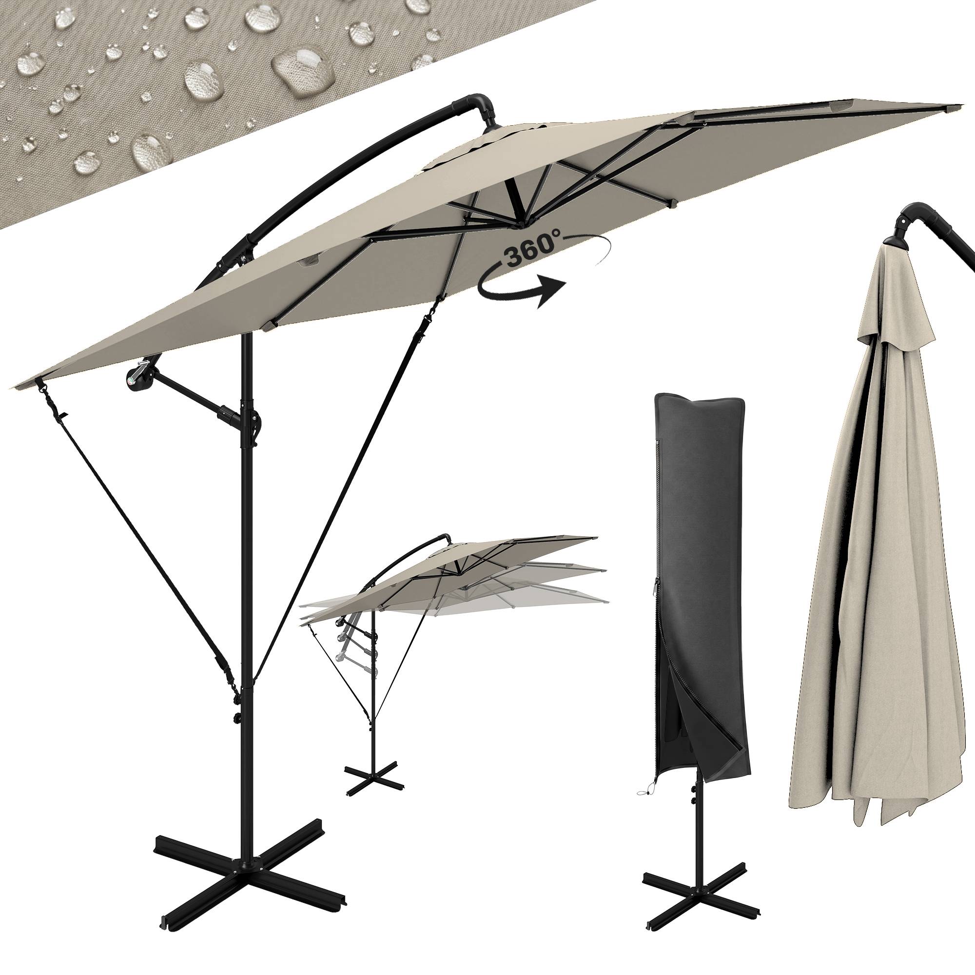 ComfortXL - Parasol déporté métal polyester pour jardin cordes anti-vent housse manivelle 2.5x2.5m kaki - ComfortXL Outdoor Living - Image 1