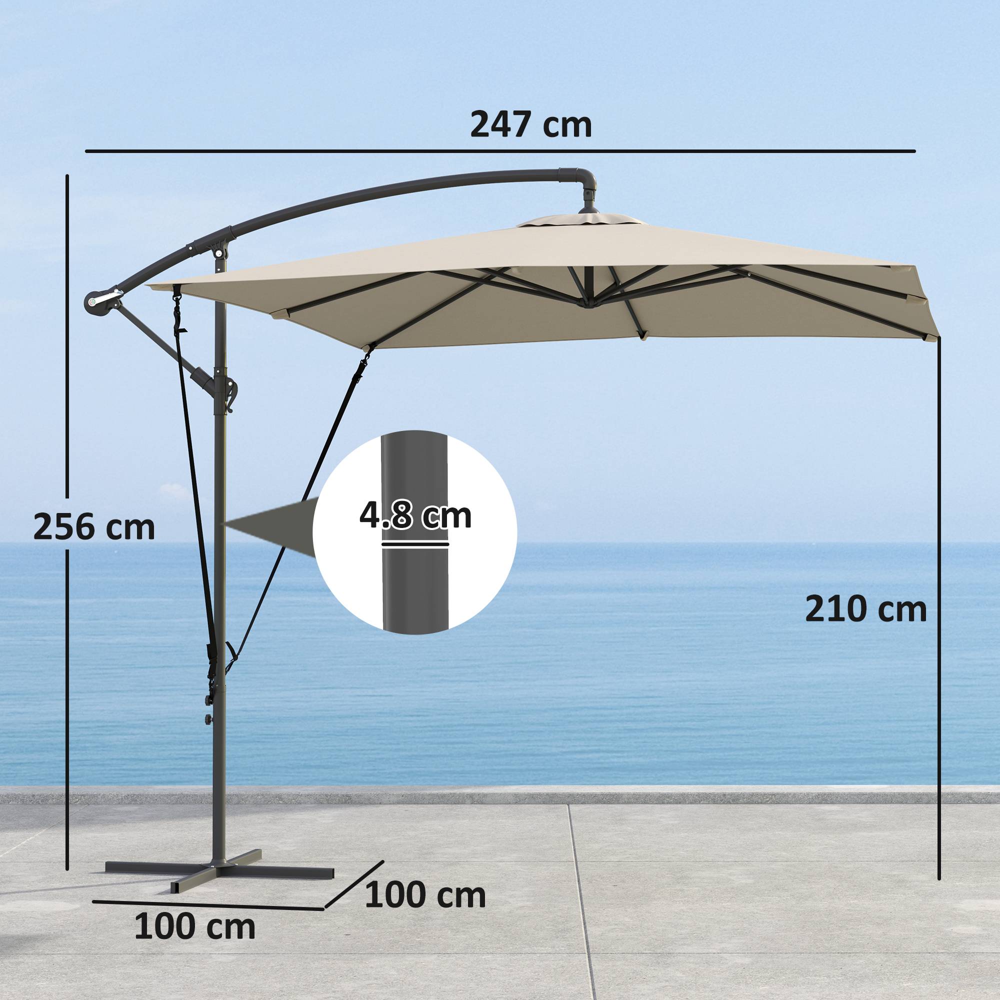 ComfortXL - Parasol déporté métal polyester pour jardin cordes anti-vent housse manivelle 2.5x2.5m kaki - ComfortXL Outdoor Living - Image 5