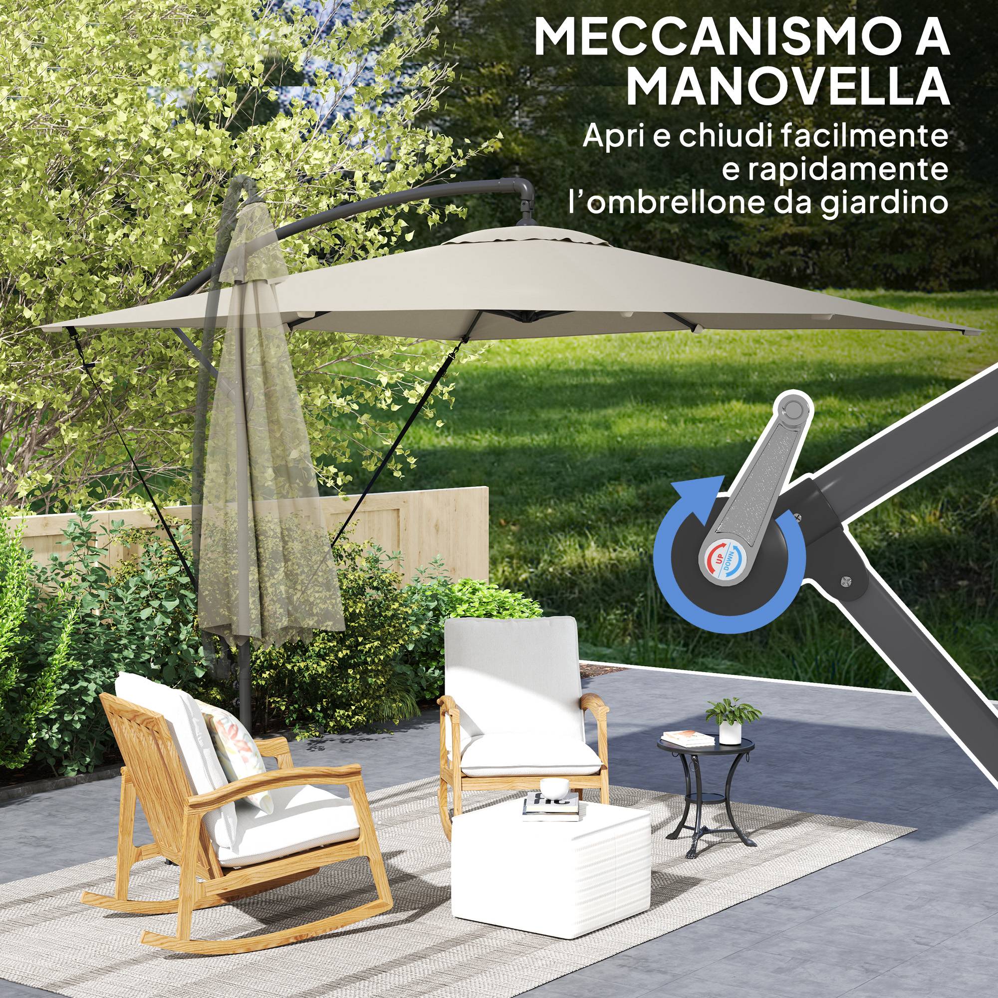 ComfortXL - Parasol déporté métal polyester pour jardin cordes anti-vent housse manivelle 2.5x2.5m kaki - ComfortXL Outdoor Living - Image 9