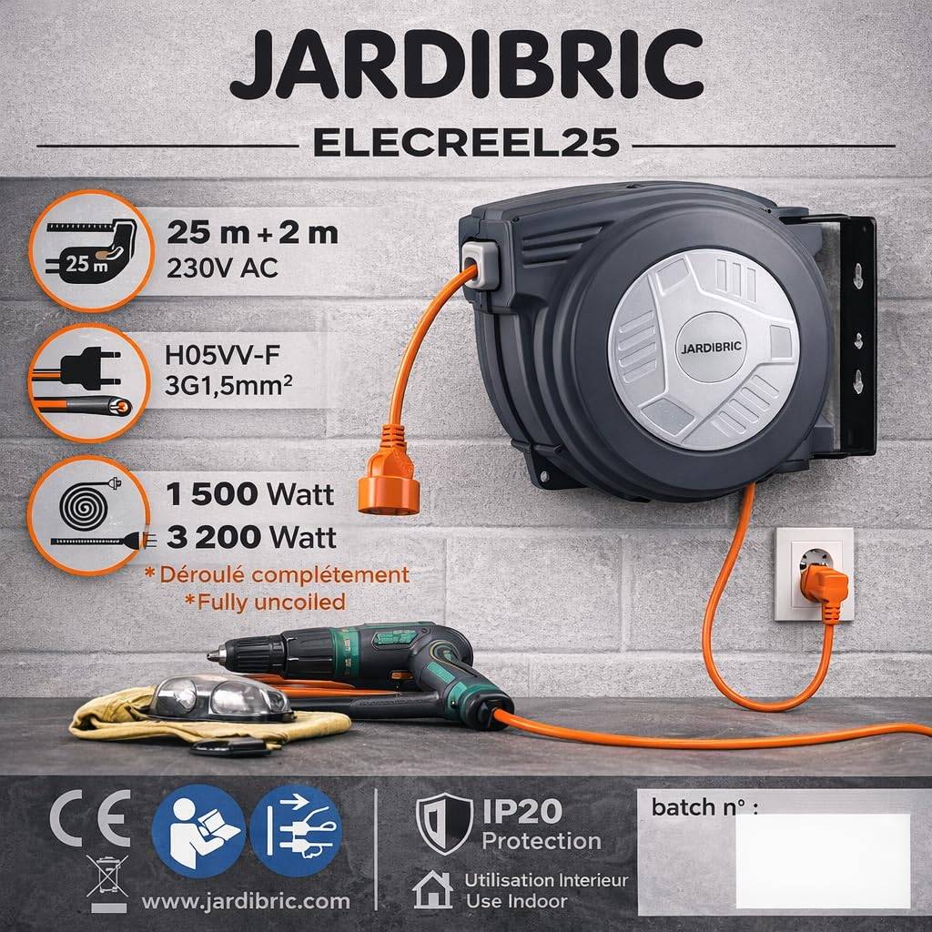 Jardibric - Jardibric - Dévidoir Électrique Mural Automatique 25 m - 3200W - Câble 3G1.5 mm² - 230V - Rallonge 2 m - Image 3