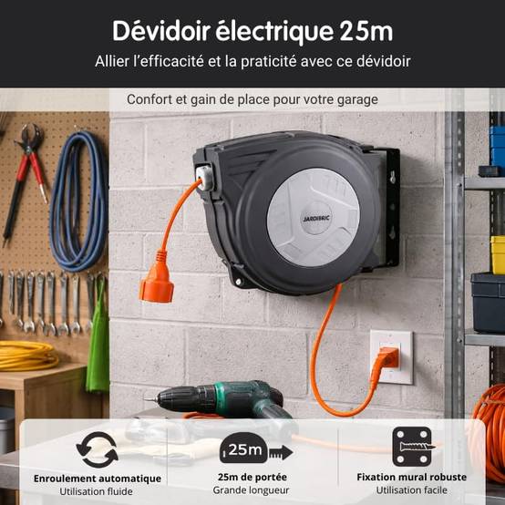 Jardibric - Jardibric - Dévidoir Électrique Mural Automatique 25 m - 3200W - Câble 3G1.5 mm² - 230V - Rallonge 2 m - Image 2