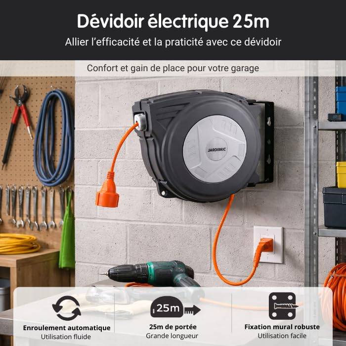 Jardibric - Jardibric - Dévidoir Électrique Mural Automatique 25 m - 3200W - Câble 3G1.5 mm² - 230V - Rallonge 2 m - Image 2