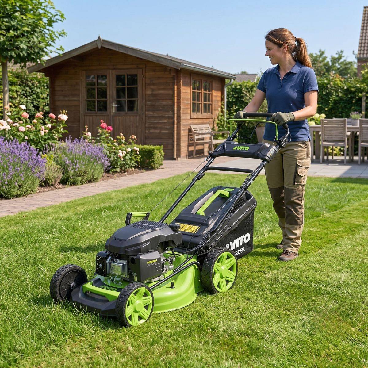 Vito - Tondeuse Thermique Essence 4,5 CV 144 cc Moteur 4T - Coupe 46cm Bac 60L Mulching 7 hauteurs 25 à 75mm Pelouse 1250m² VITO - Image 3