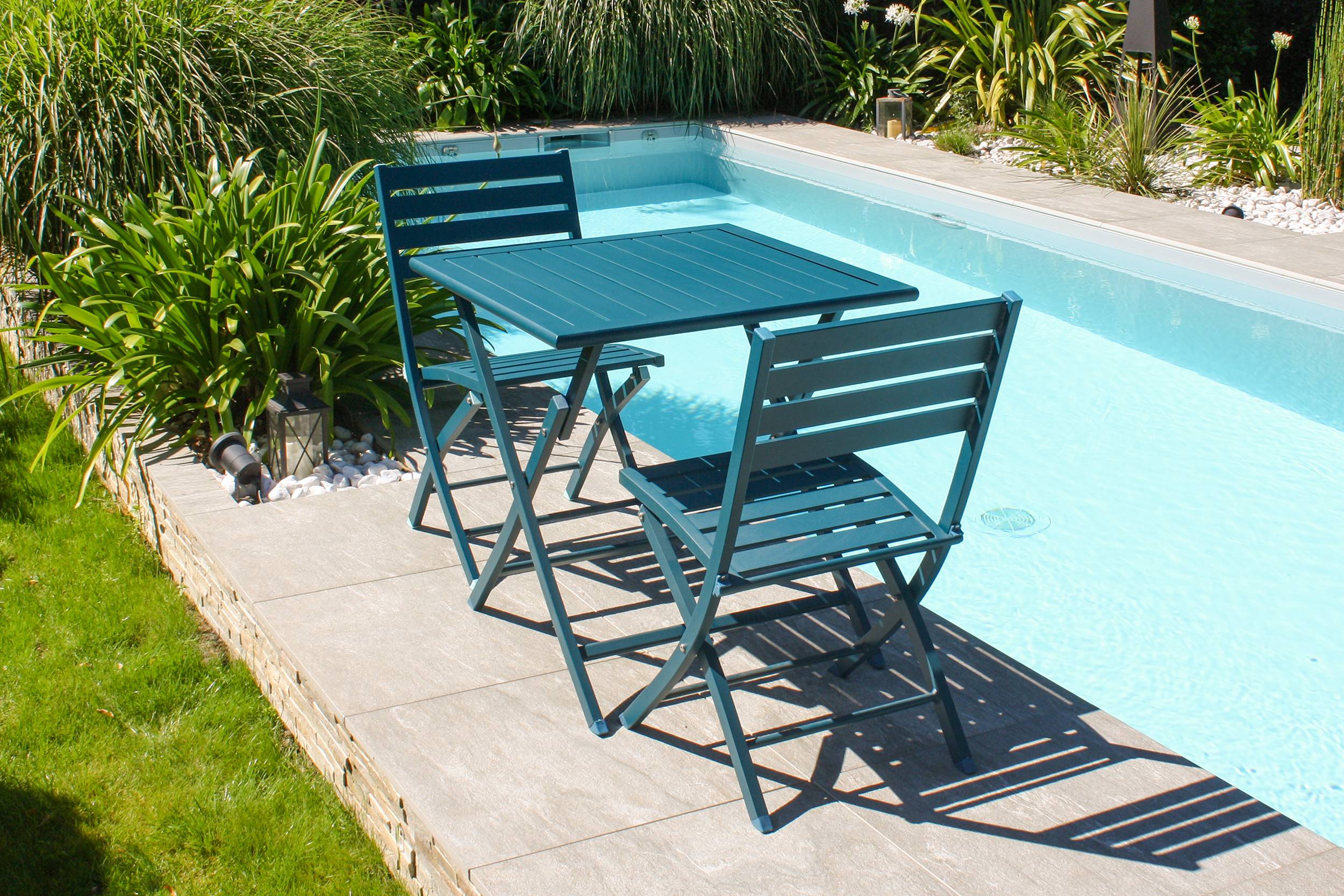 Ensemble repas de jardin 2 carré places en aluminium  - Bleu canard - MARIUS - Image 1