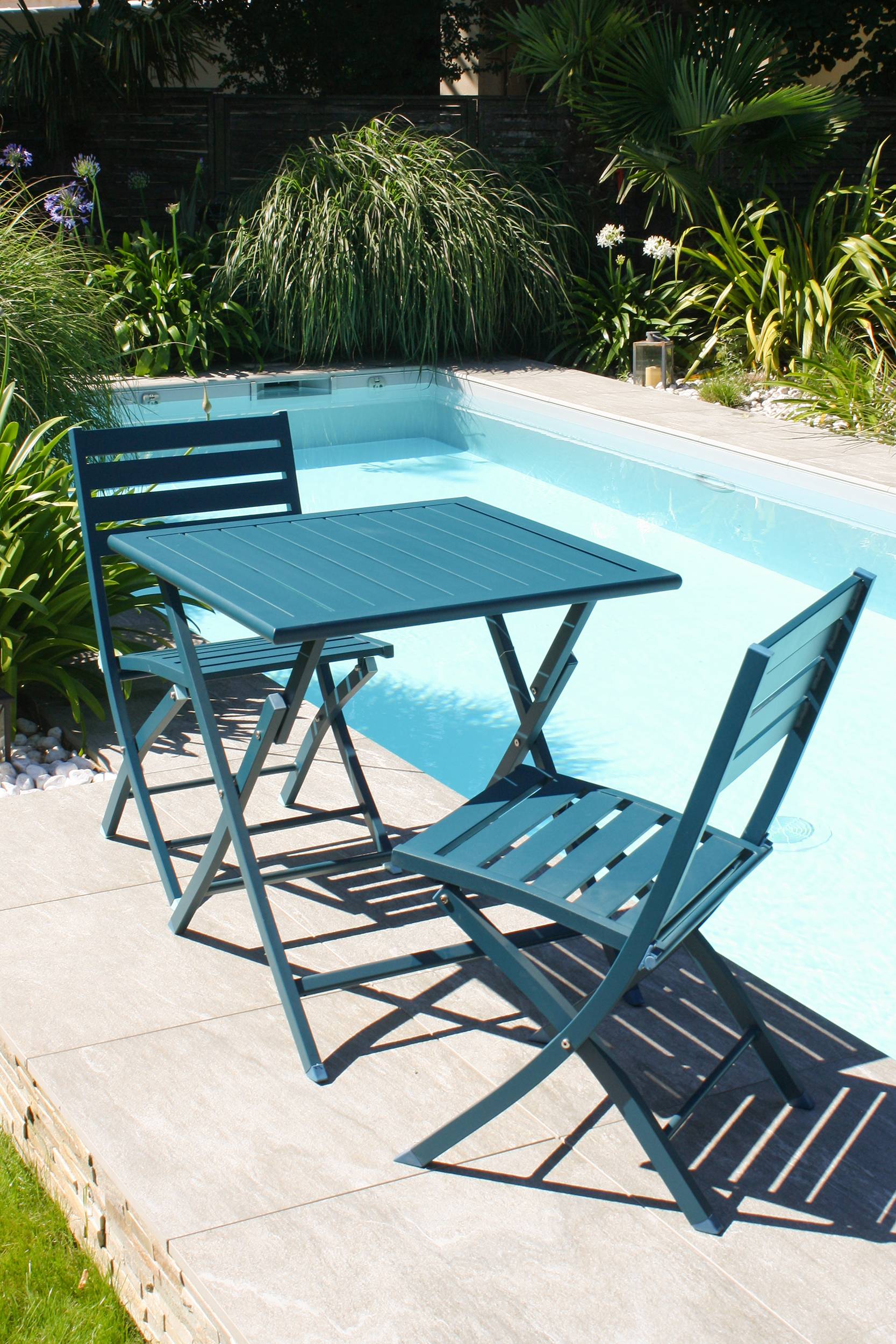 Ensemble repas de jardin 2 carré places en aluminium  - Bleu canard - MARIUS - Image 2