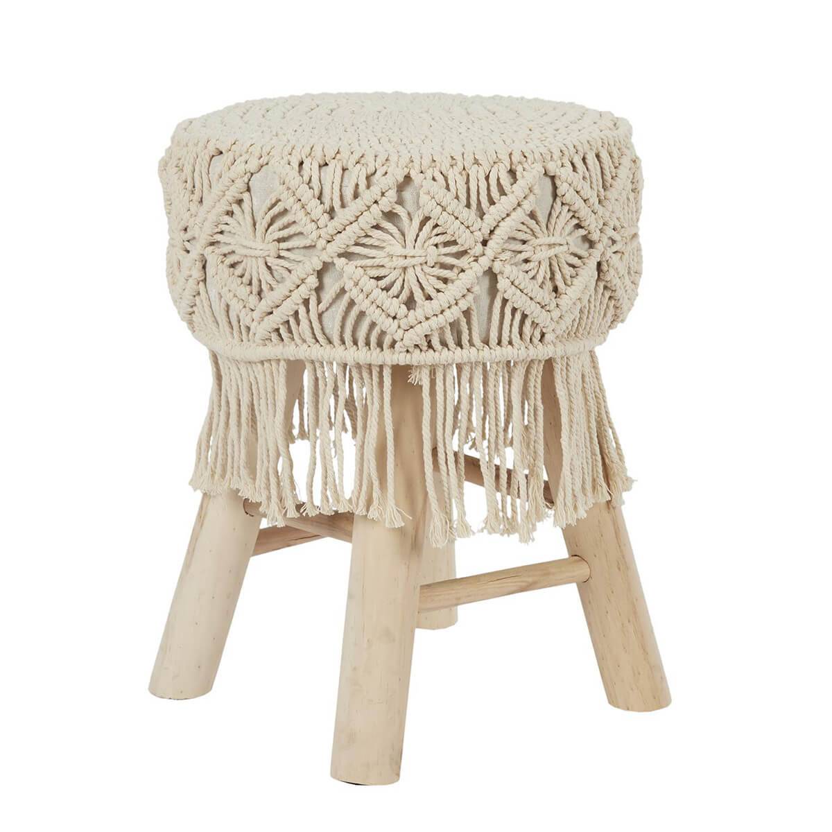 Tabouret Assise Décorative Style Macramé Pieds en Pin Naturel - BOHEMIAN - Image 1