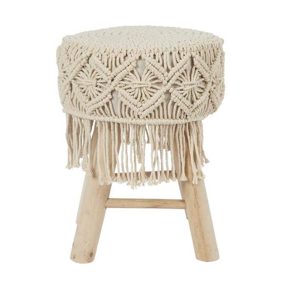 Tabouret Assise Décorative Style Macramé Pieds en Pin Naturel - BOHEMIAN - Image 3