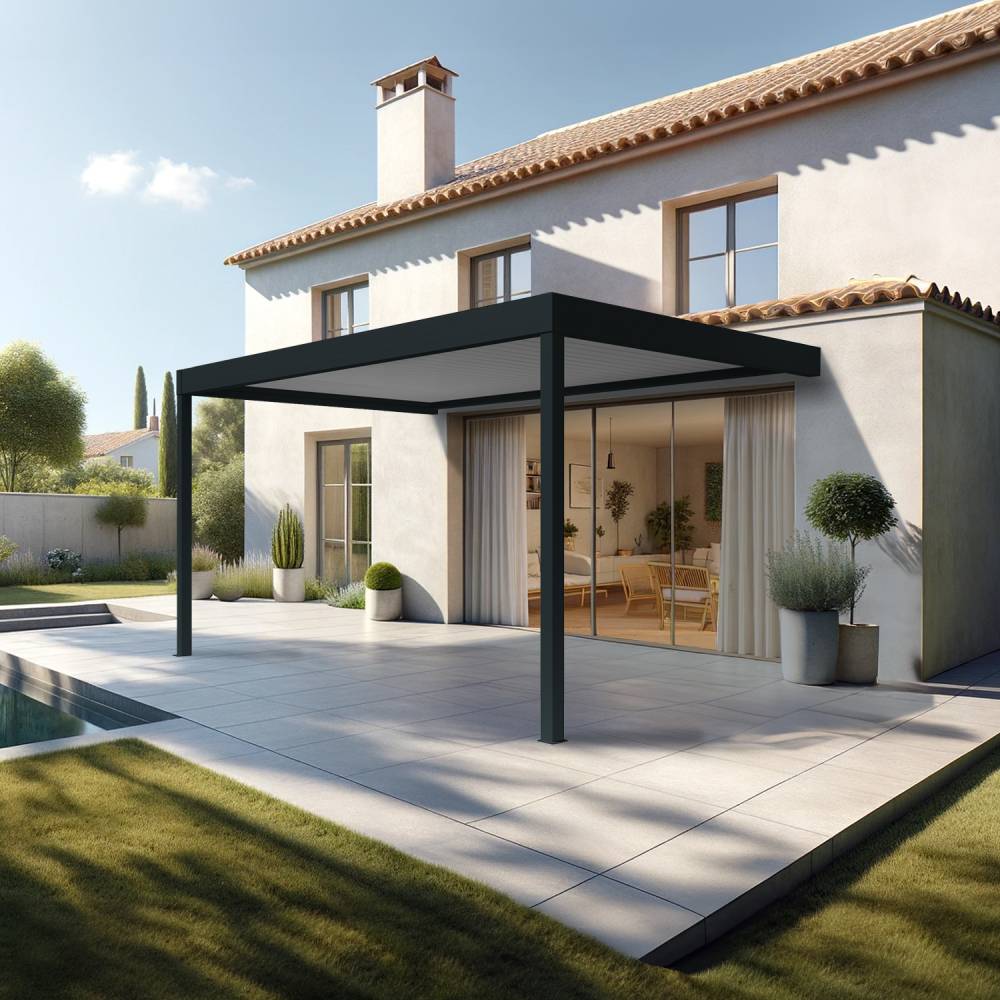 Pergola bioclimatique HELY perpendiculaire 4,97x4,00m Vérin à télécommande (Gris anthracite / Blanc) - Alia Productions - Imagen 2