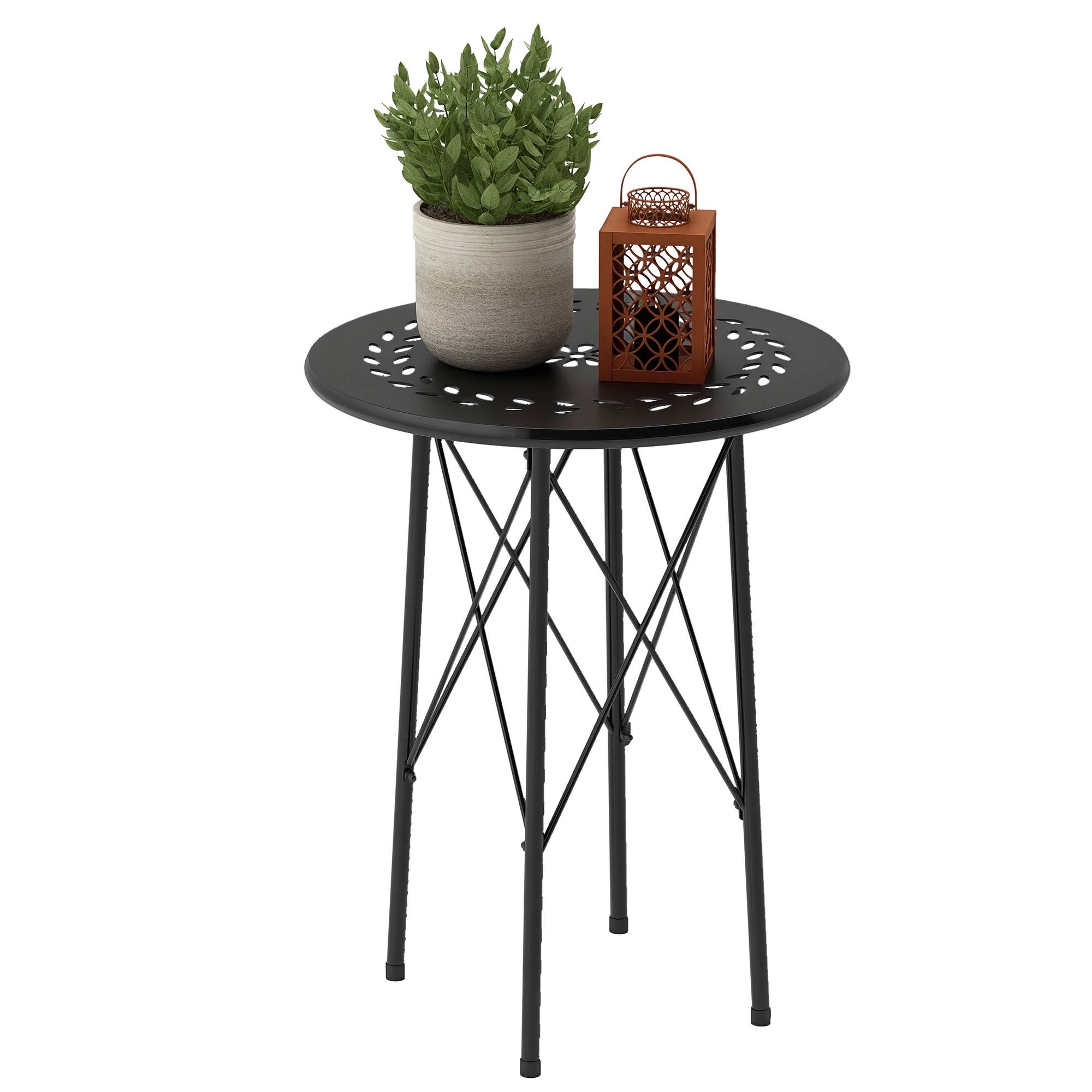 Table de jardin ronde en acier, motif floral et feuillagé, pieds réglables et structure en X, Ø 40 x 50 cm, noire