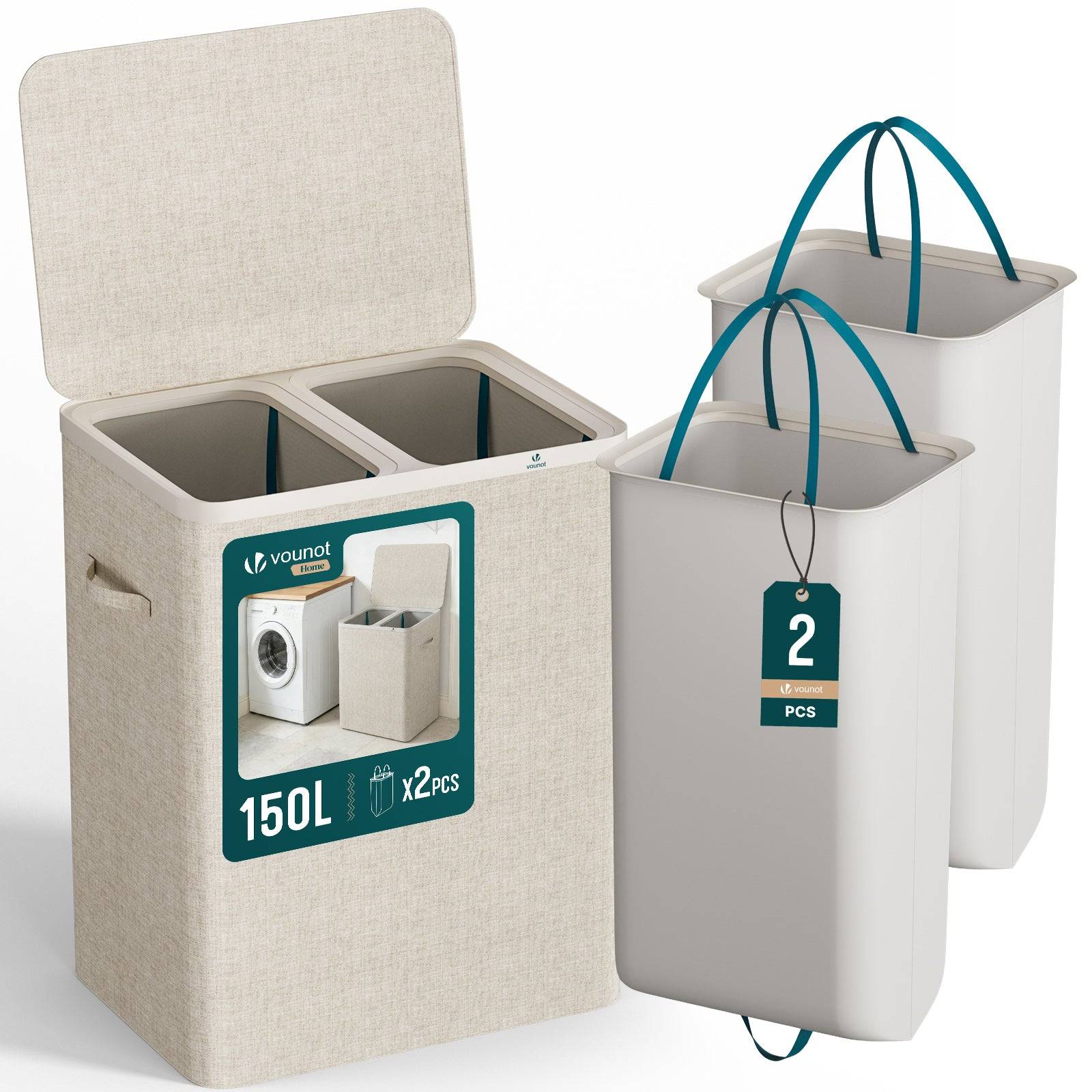 Panier à linge 150L avec couvercle et 2 sacs amovibles auto-ajustable - 2 compartiments - beige - VOUNOT® - Image 1