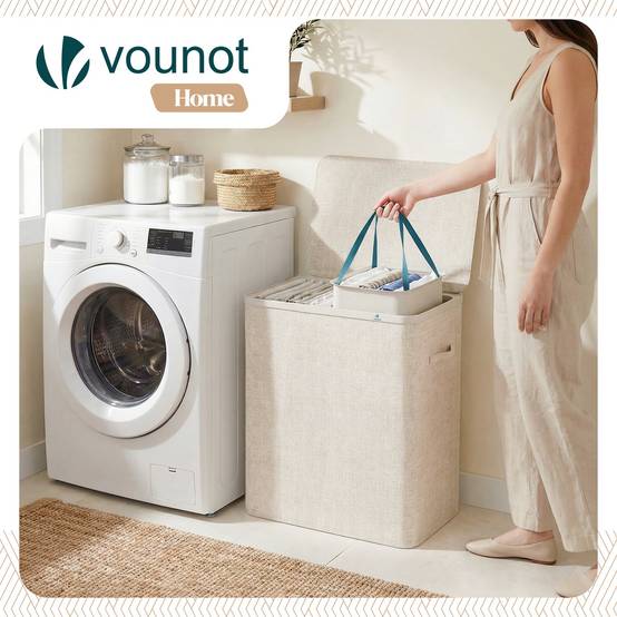 Panier à linge 150L avec couvercle et 2 sacs amovibles auto-ajustable - 2 compartiments - beige - VOUNOT® - Image 5