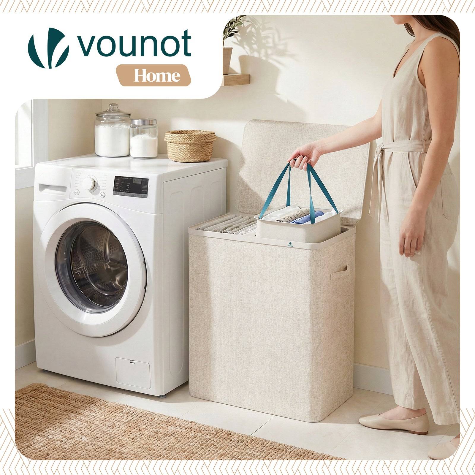 Panier à linge 150L avec couvercle et 2 sacs amovibles auto-ajustable - 2 compartiments - beige - VOUNOT® - Image 5