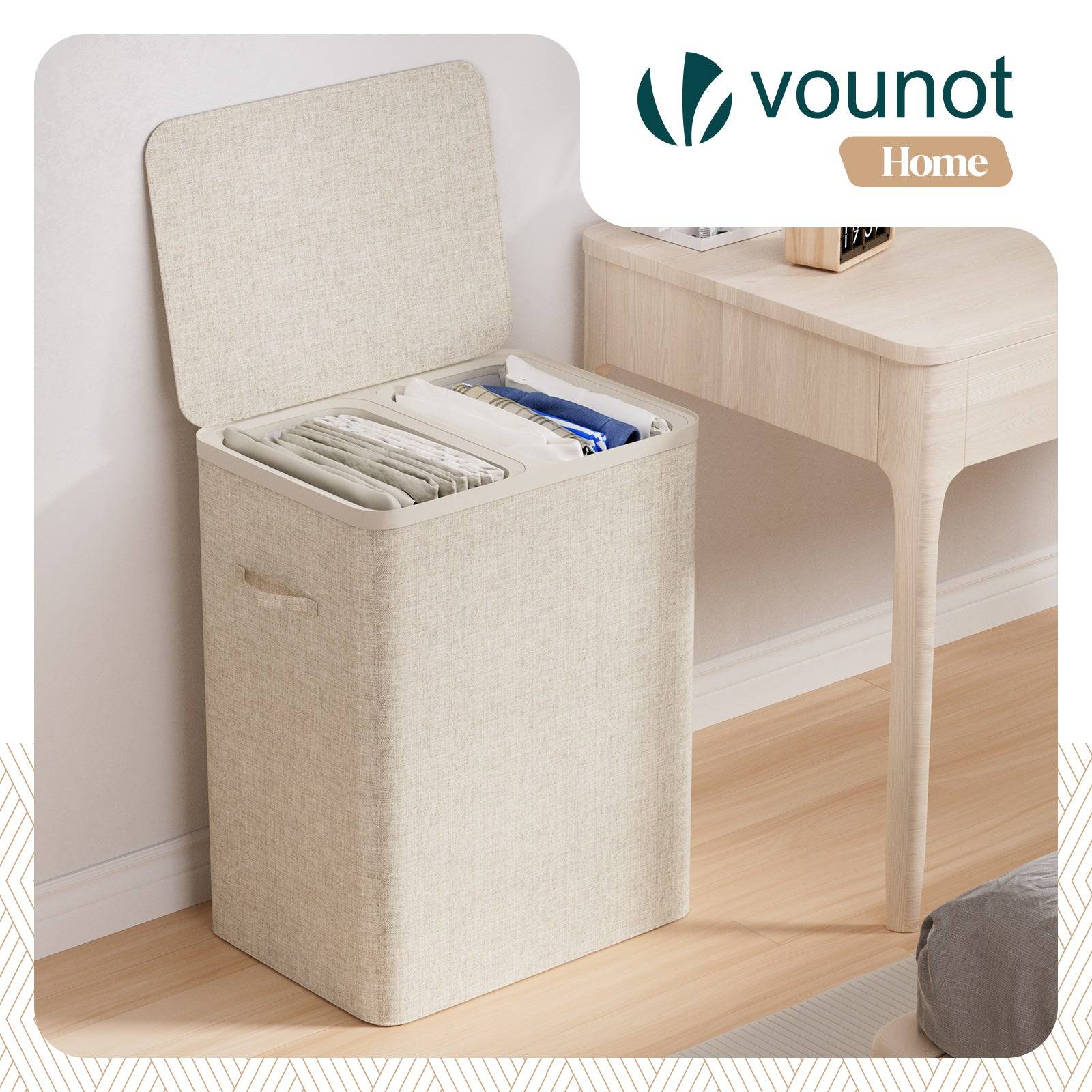 Panier à linge 150L avec couvercle et 2 sacs amovibles auto-ajustable - 2 compartiments - beige - VOUNOT® - Image 2