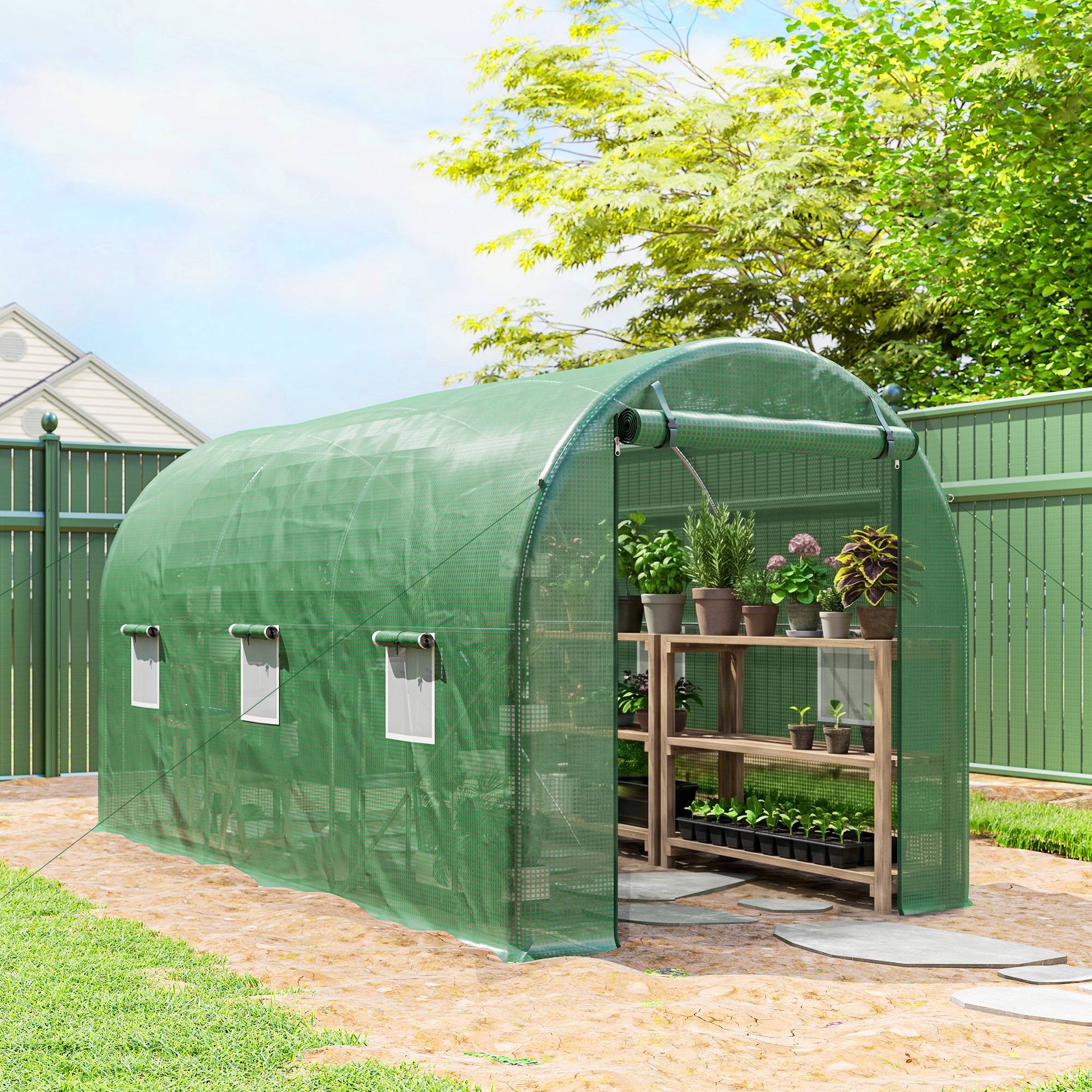 Sans Marque - Serre de Jardin Tunnel 8 m² 4L x 2l x 1,9H m Acier galvanisé renforcé diamètre 2,4 cm + PE fenêtres Porte Vert - Image 4