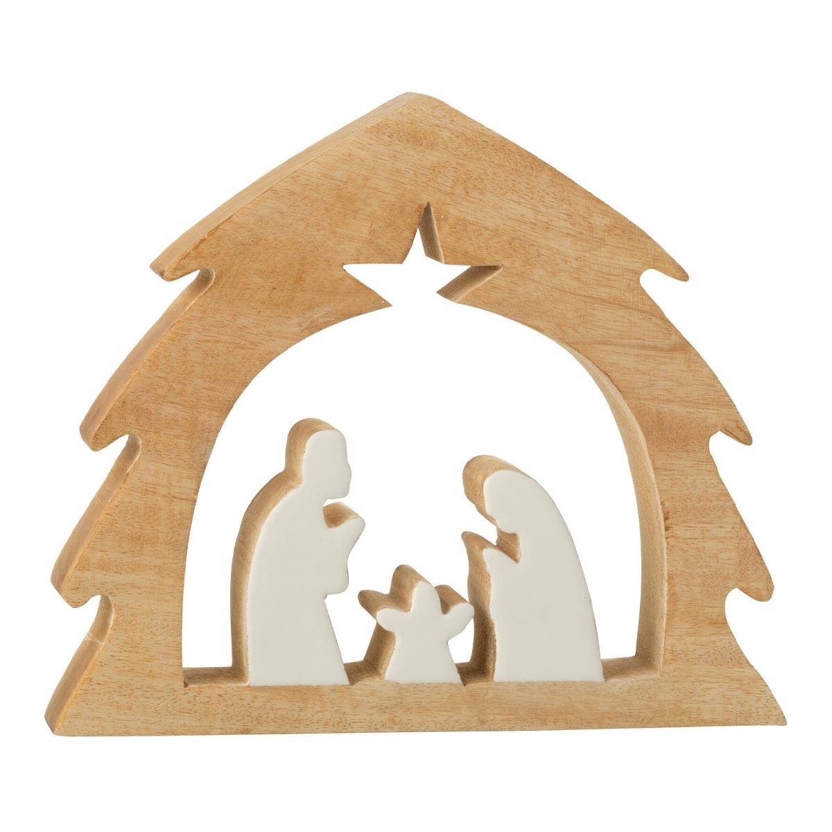 J-Line - Crèche Sapin en Bois "Ajourée" 27cm Blanc & Naturel