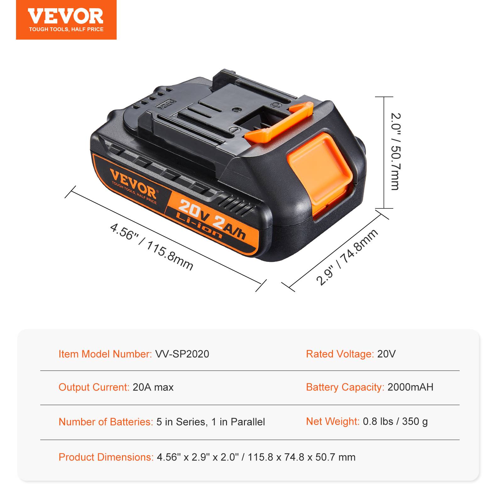 VEVOR Batterie outil sans fil lithium-ion 20 V 2,0 Ah, haute capacité. Compatible. - Image 7