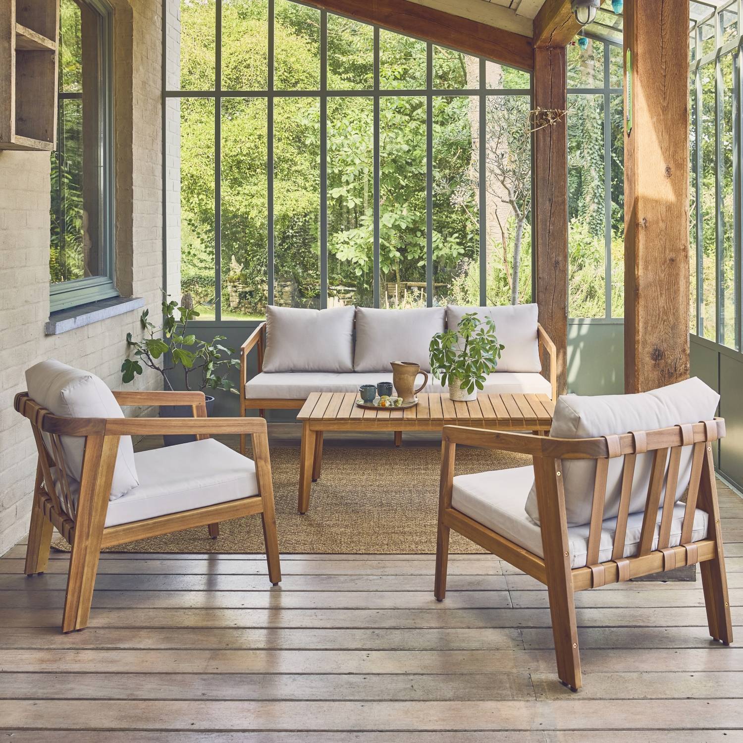 sweeek - Salon de jardin beige 5 places bois d'acacia LOBERIA avec lanières effet cuir | sweeek - Image 1