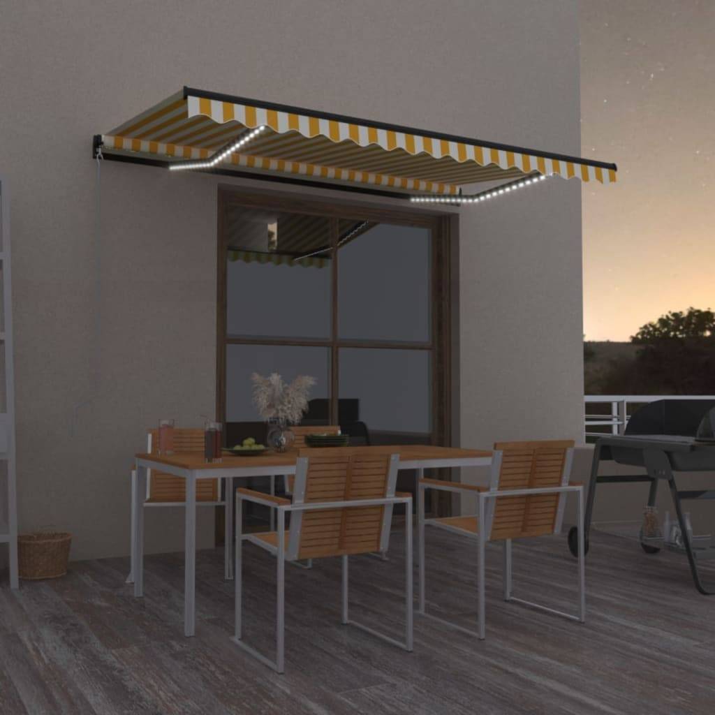 Store banne manuel éclairage LED aluminium pour terrasse 450x350cm Jaune/Blanc - ComfortXL Outdoor Living - Image 1
