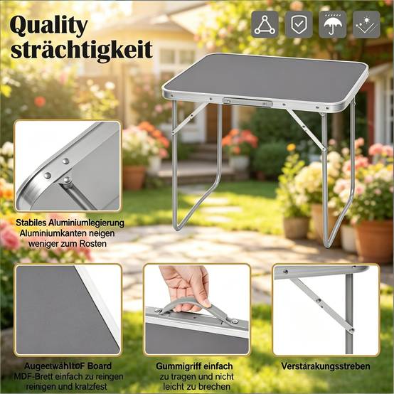 Table de camping pliante aluminium extérieur transportable avec poignée 70x50x60cm gris - ComfortXL Outdoor Living - Image 4