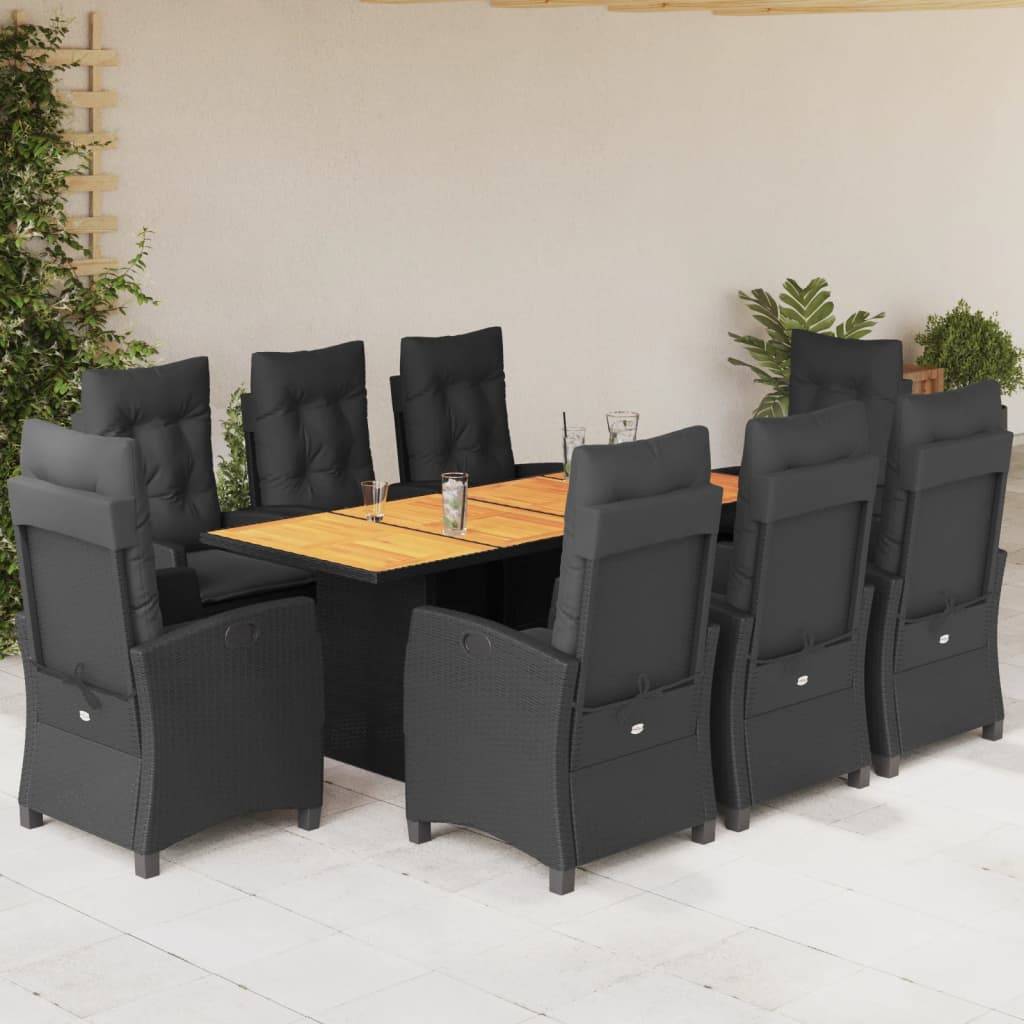 Salon de Jardin Table Acacia et 8 Chaises Noires, 2 Fauteuils avec Repose-pieds, Coussins Noirs Inclus – ComfortXL Outdoor Living - Image 1