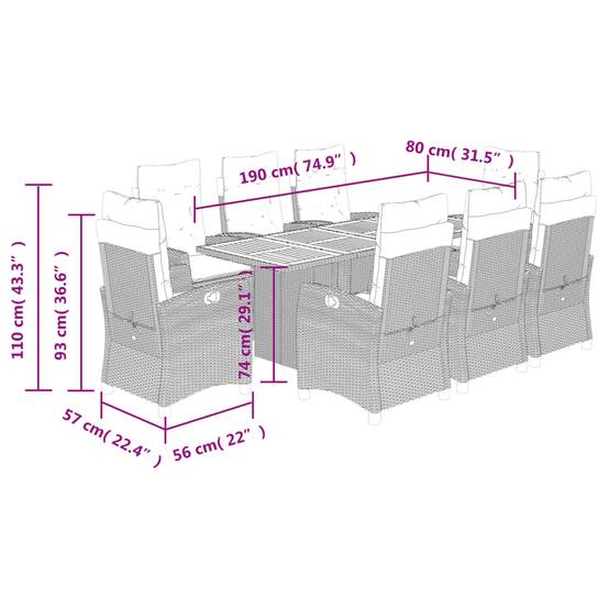 Salon de Jardin Table Acacia et 8 Chaises Noires, 2 Fauteuils avec Repose-pieds, Coussins Noirs Inclus – ComfortXL Outdoor Living - Image 4