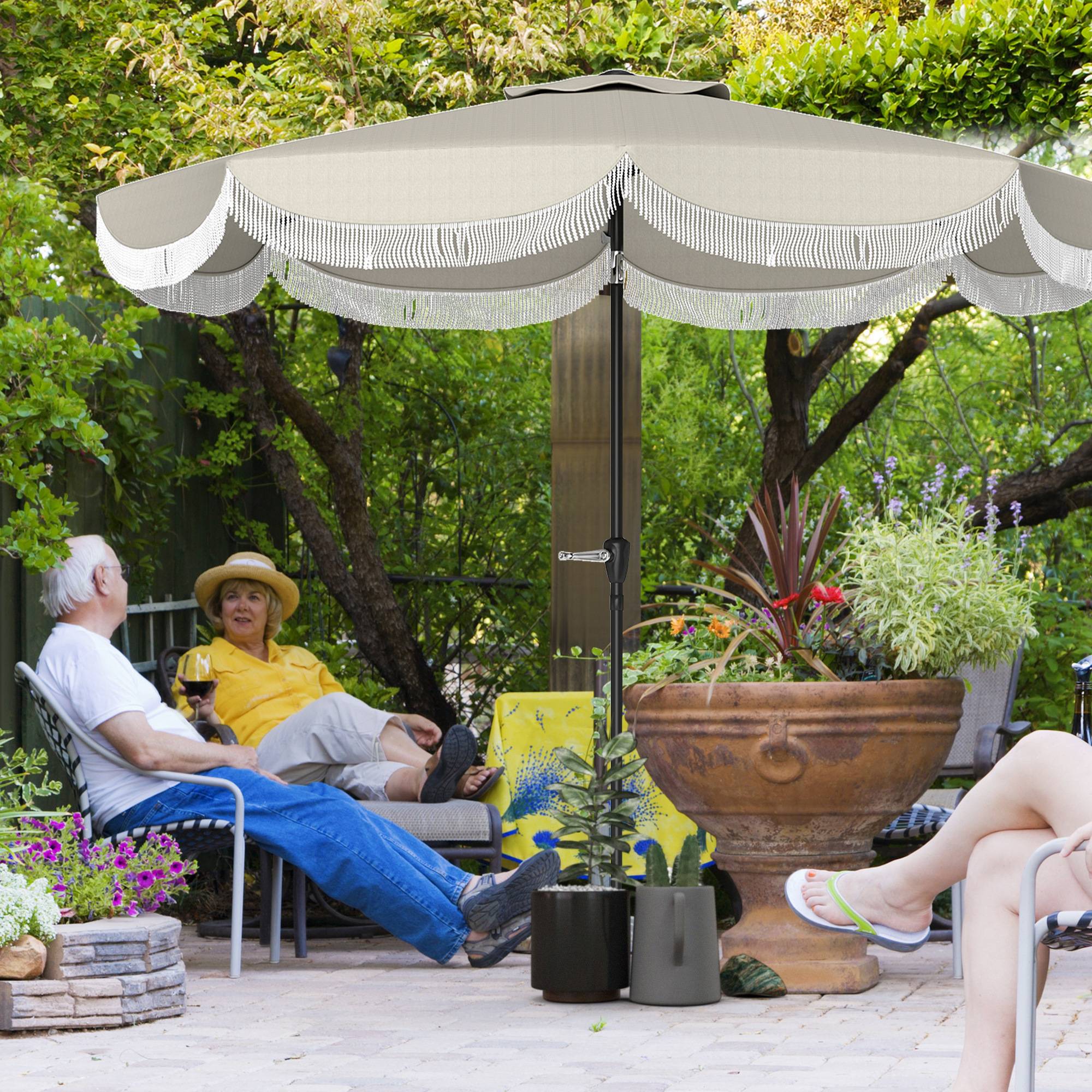 Parasol de jardin rond 2,7x2,4 m avec manivelle, en métal et polyester, gris clair - Image 3