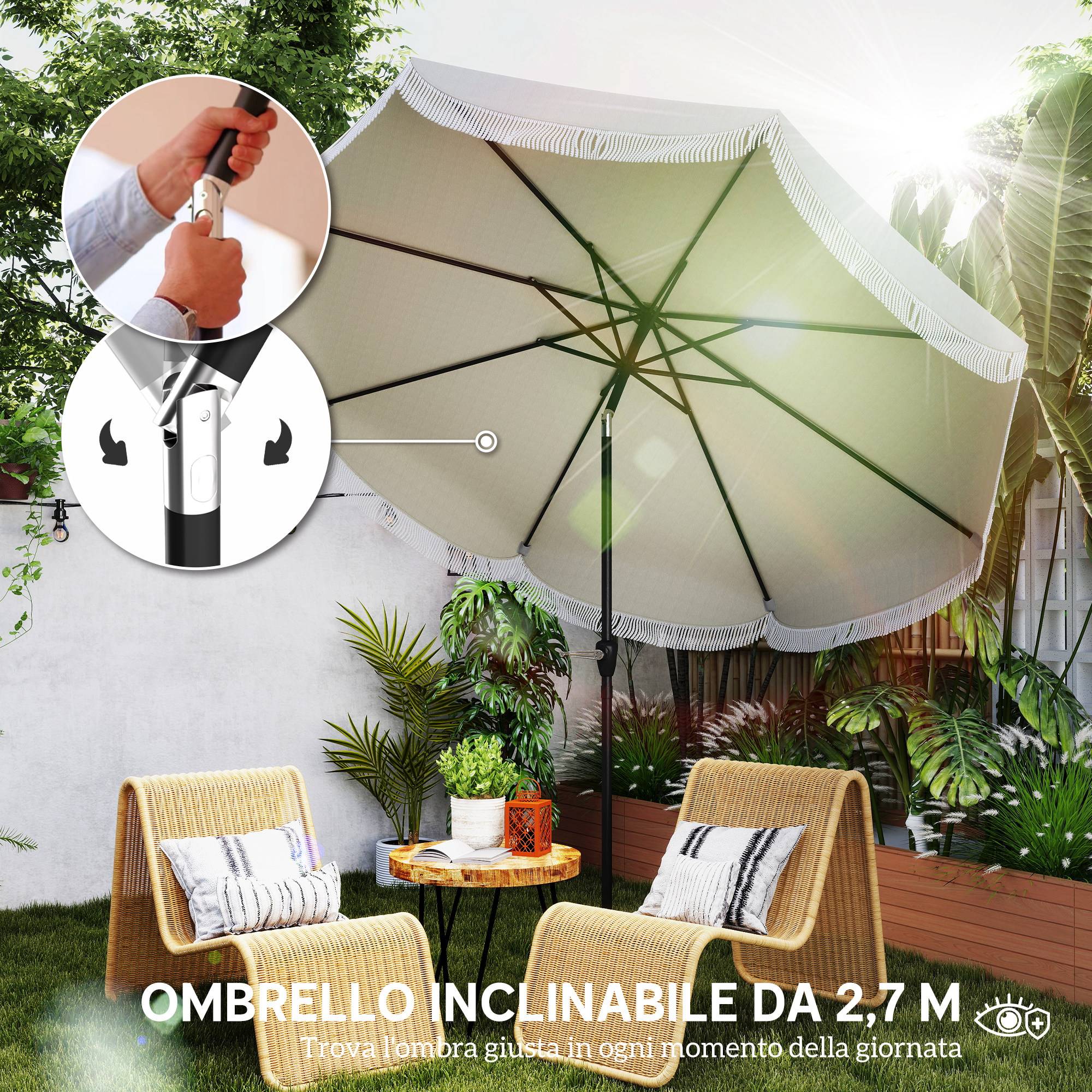Parasol de jardin rond 2,7x2,4 m avec manivelle, en métal et polyester, gris clair - Image 6