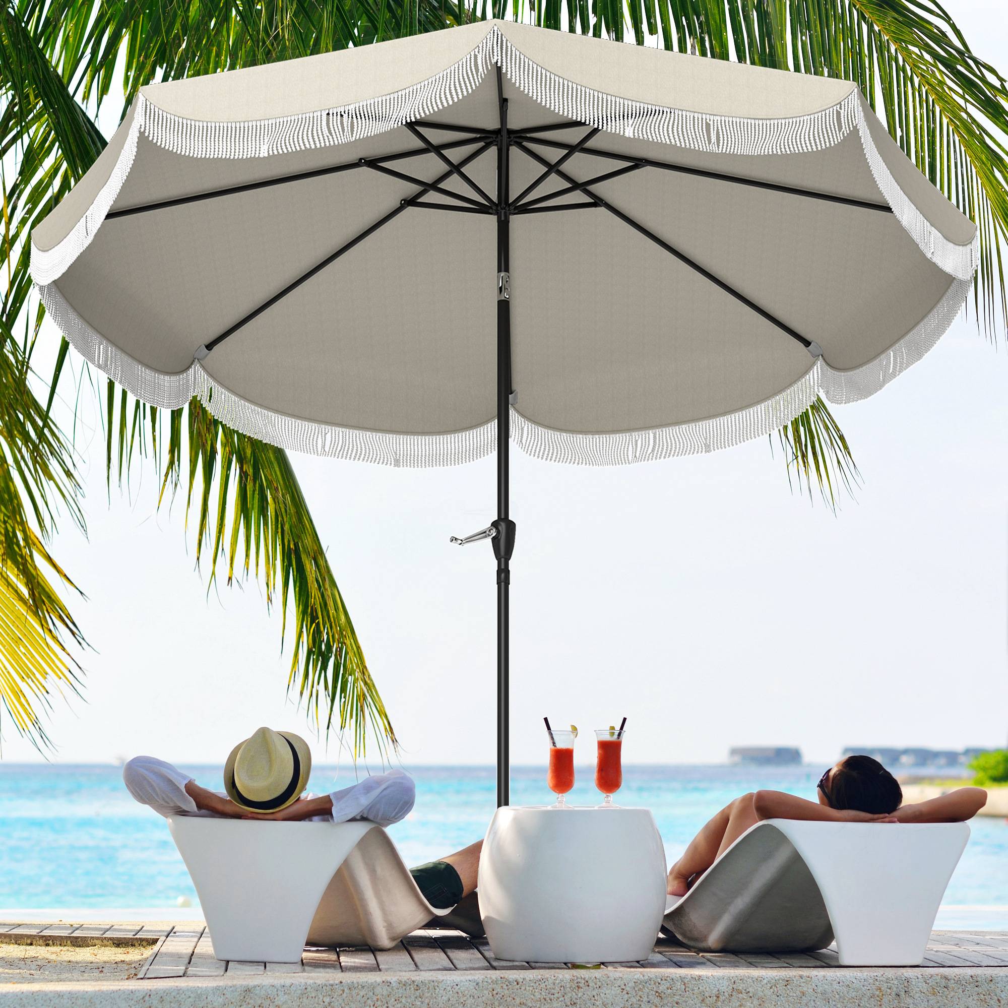 Parasol de jardin rond 2,7x2,4 m avec manivelle, en métal et polyester, gris clair - Image 4