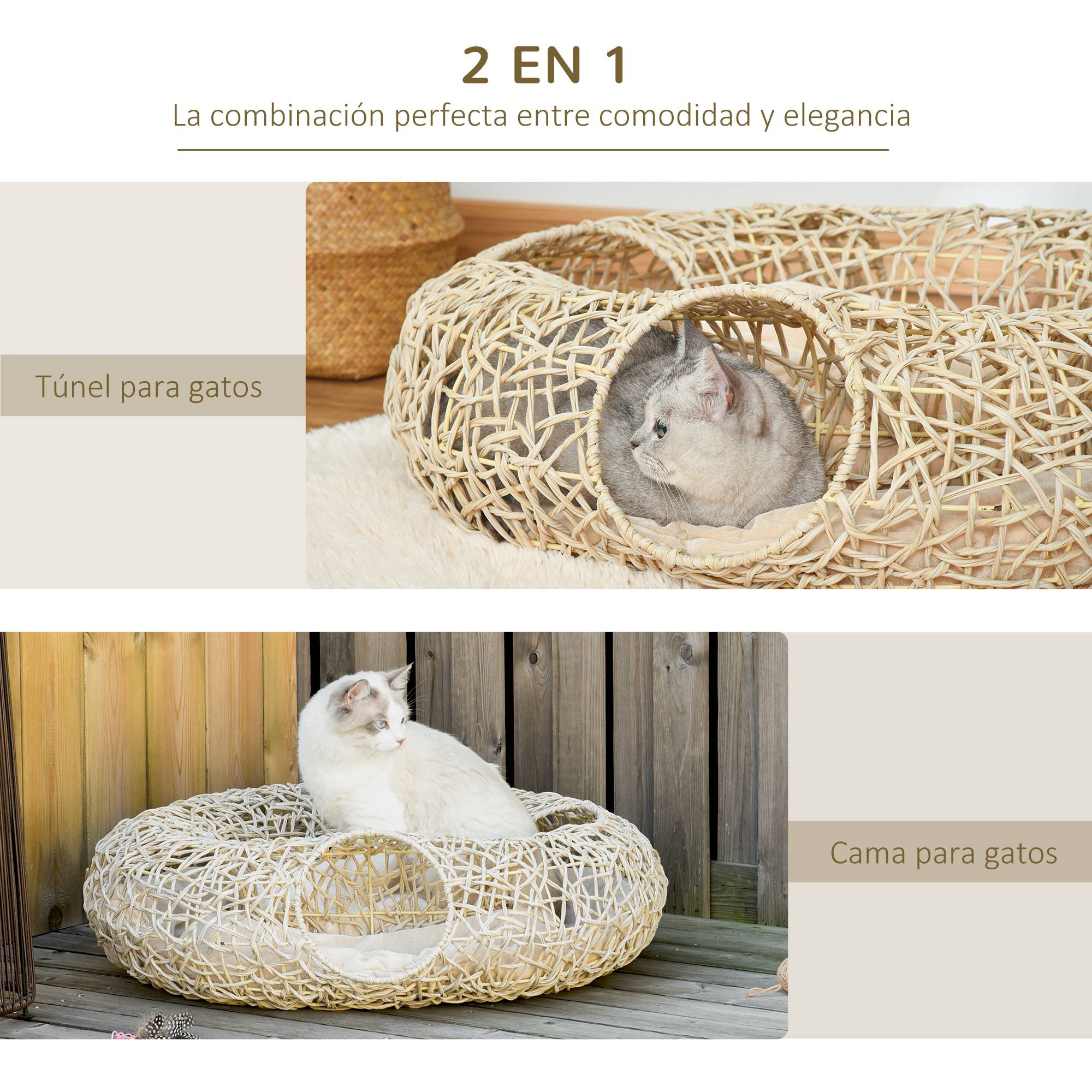 Panier pour chat en rotin 78 x 69 x 22 cm, panier pour chat dodu avec coussin moelleux, 3 ouvertures, tunnel pour chat, bois naturel - Image 9