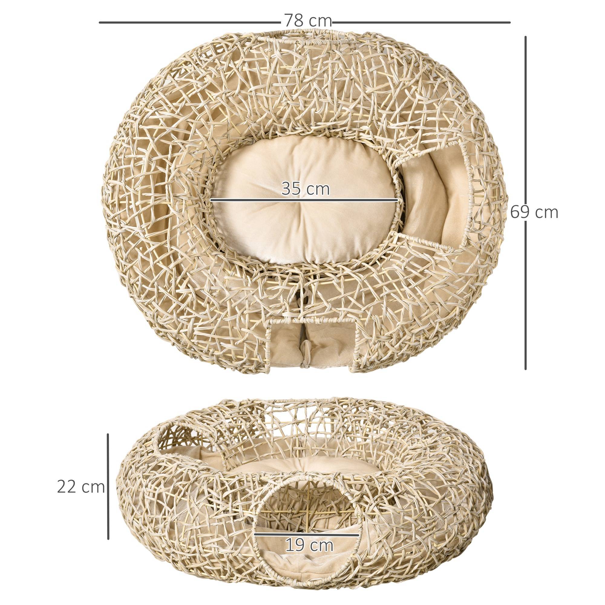 Panier pour chat en rotin 78 x 69 x 22 cm, panier pour chat dodu avec coussin moelleux, 3 ouvertures, tunnel pour chat, bois naturel - Image 5