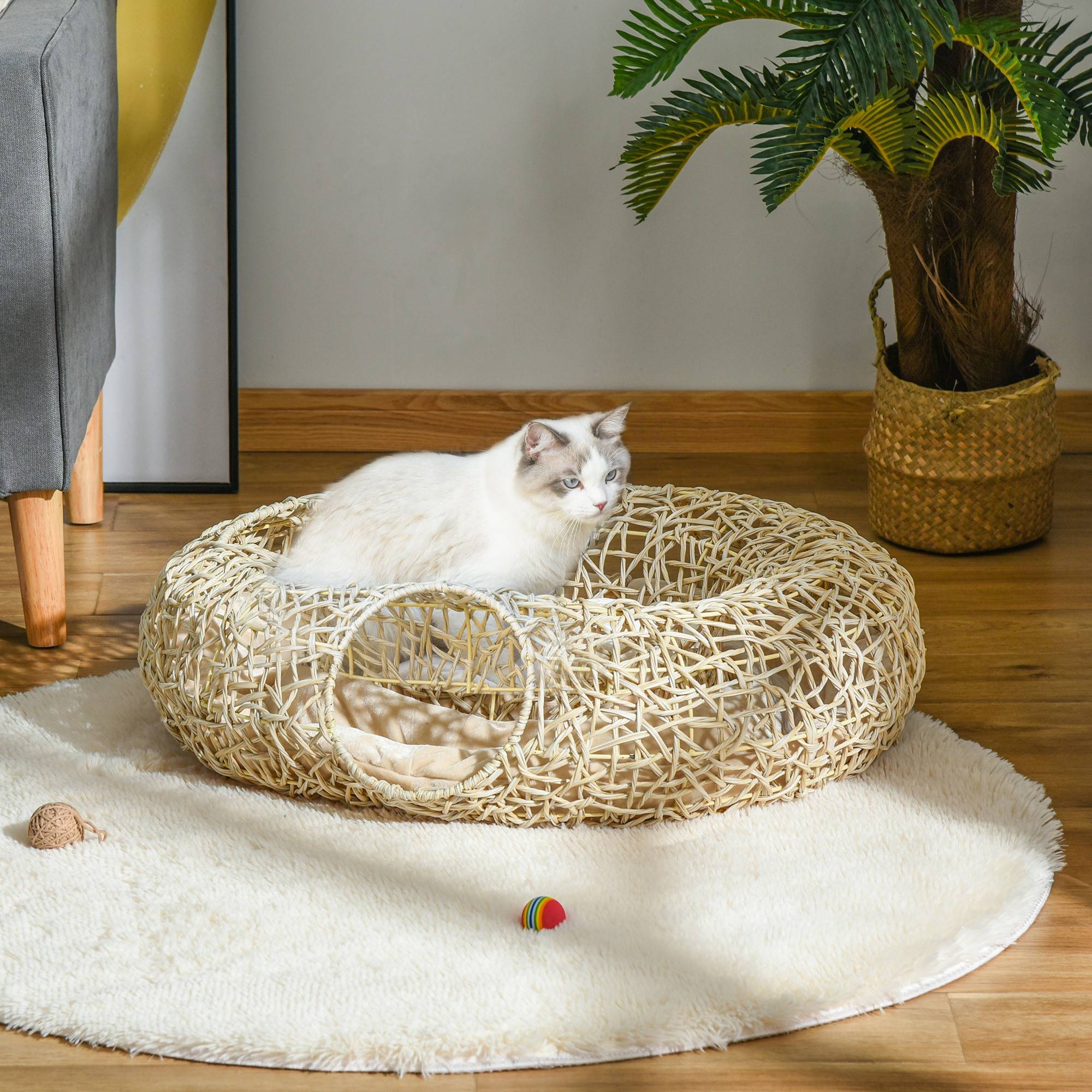 Panier pour chat en rotin 78 x 69 x 22 cm, panier pour chat dodu avec coussin moelleux, 3 ouvertures, tunnel pour chat, bois naturel - Image 10