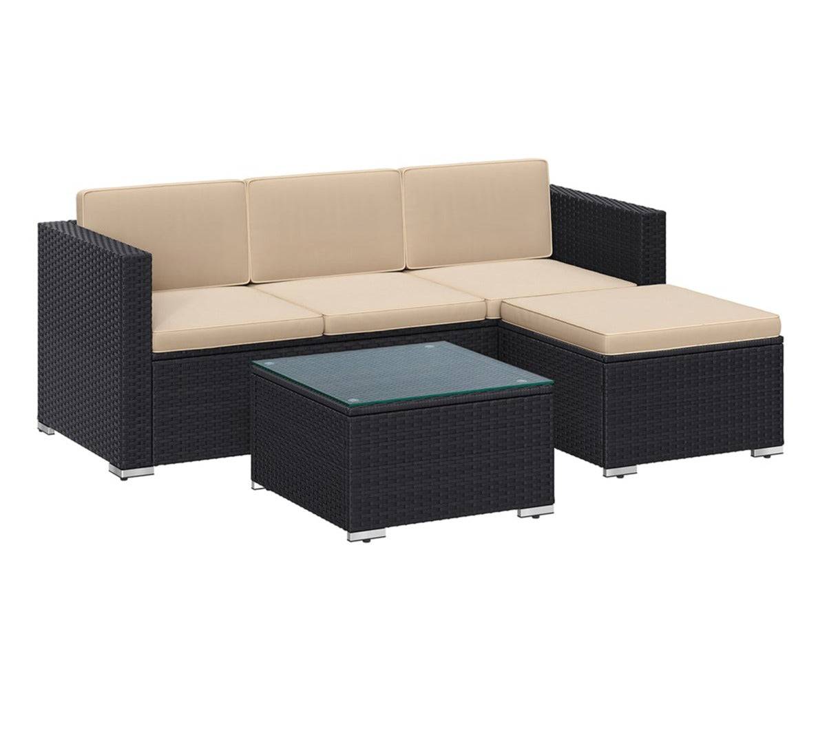 Helloshop26 - Salon de jardin extérieur ensemble de mobilier surface tressée en pe tissé à la main canapé d’angle avec coussins dessus de table en verre noir et ta - Imagen 1