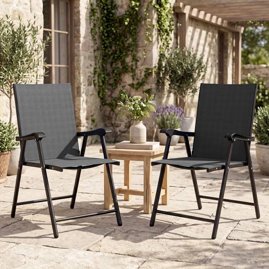 Ensemble de 2 chaises de jardin pliantes avec dossier haut et accoudoirs, acier, Textline, 58 x 62 x 97 cm, noir - Image 3